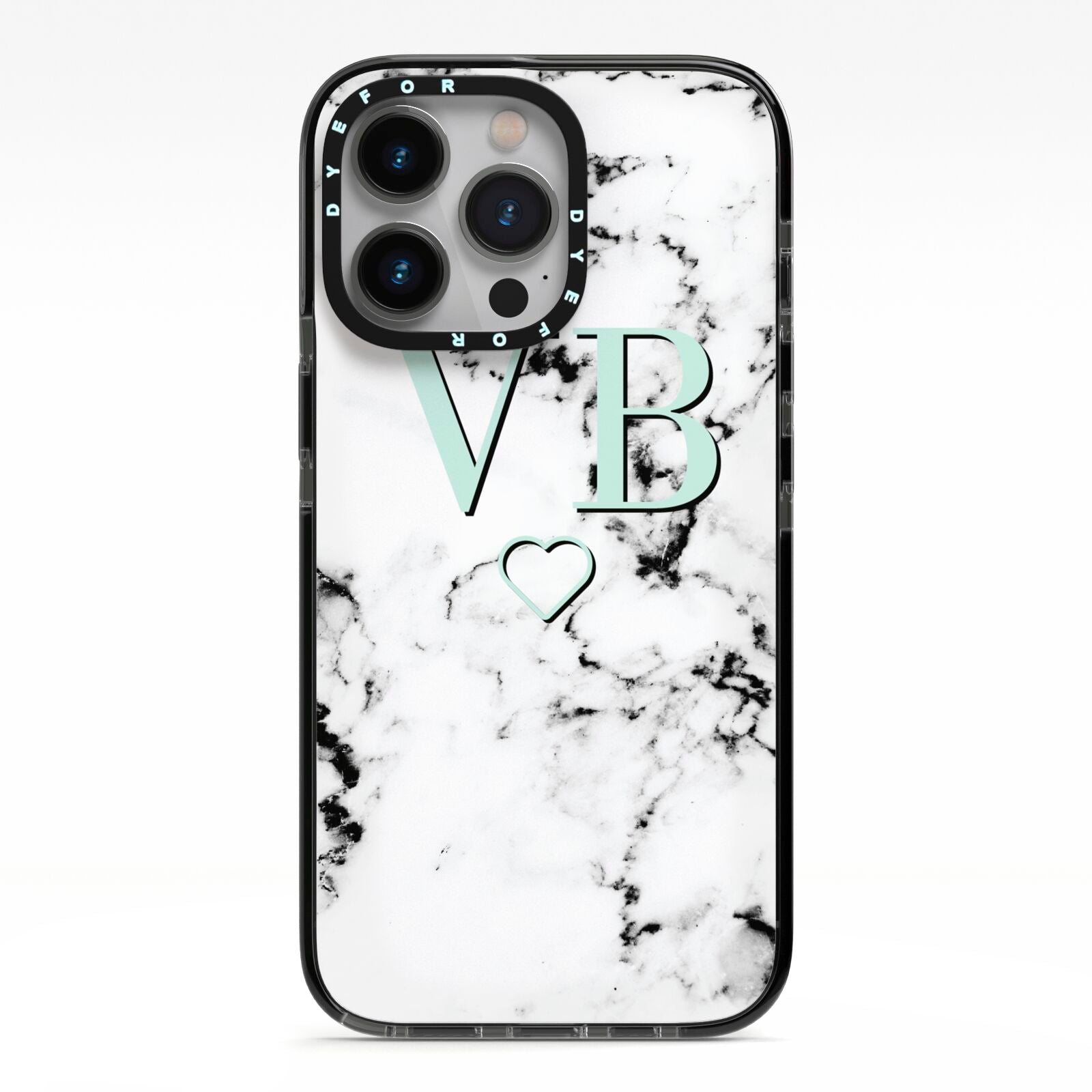 Personalised Mint Monogrammed Heart Marble iPhone 13 Pro Black Impact Case on Silver phone