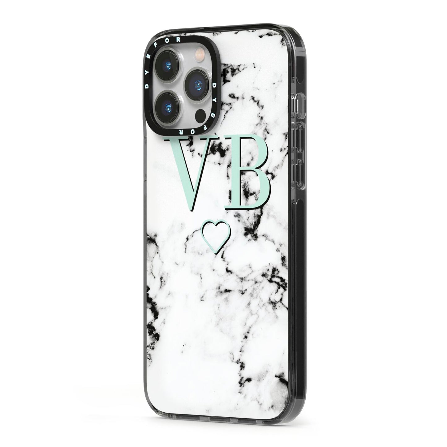 Personalised Mint Monogrammed Heart Marble iPhone 13 Pro Max Black Impact Case Side Angle on Silver phone