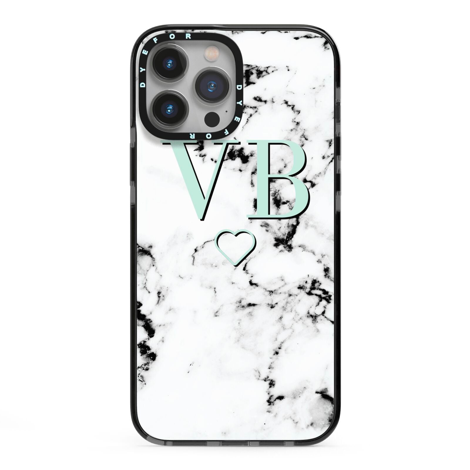 Personalised Mint Monogrammed Heart Marble iPhone 13 Pro Max Black Impact Case on Silver phone