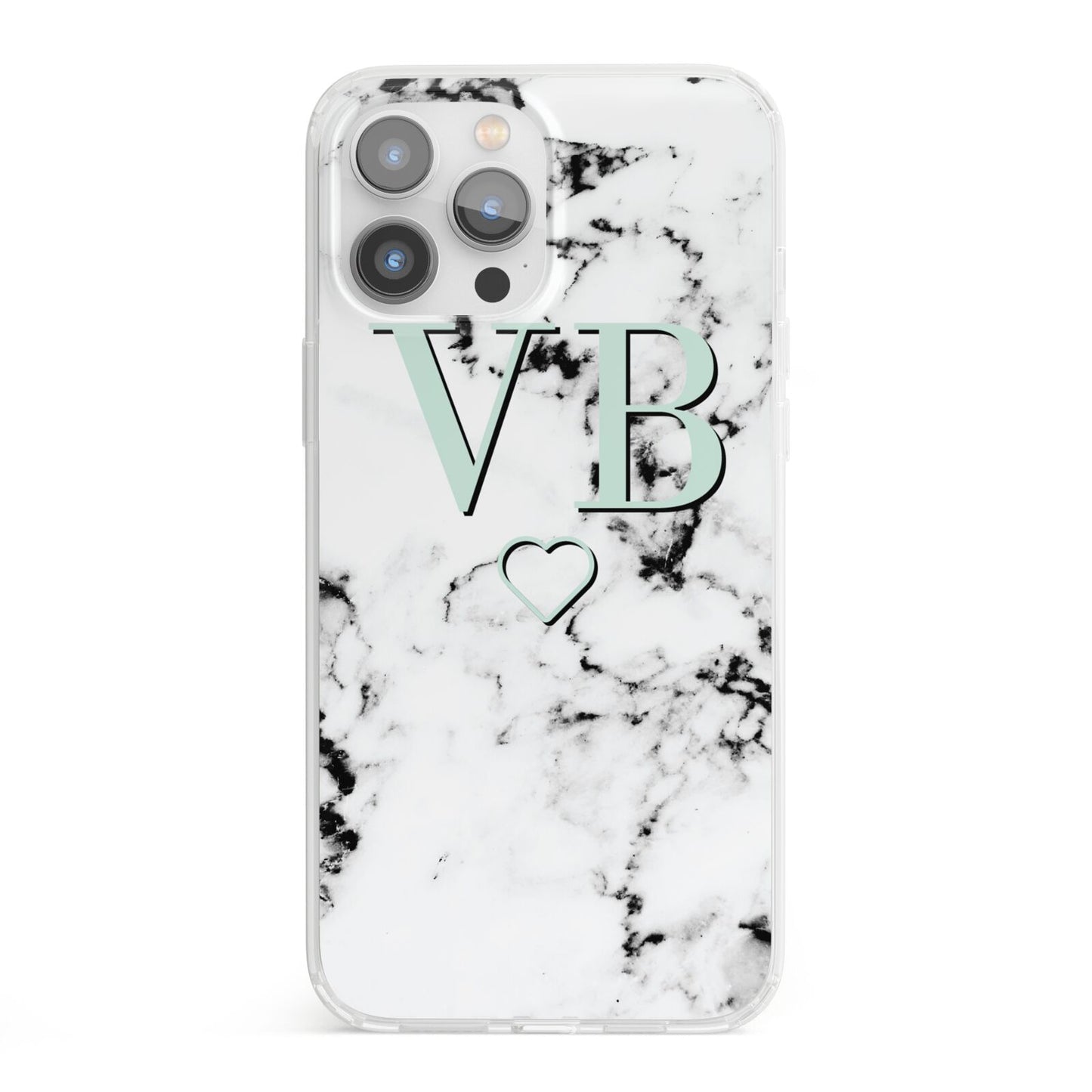 Personalised Mint Monogrammed Heart Marble iPhone 13 Pro Max Clear Bumper Case