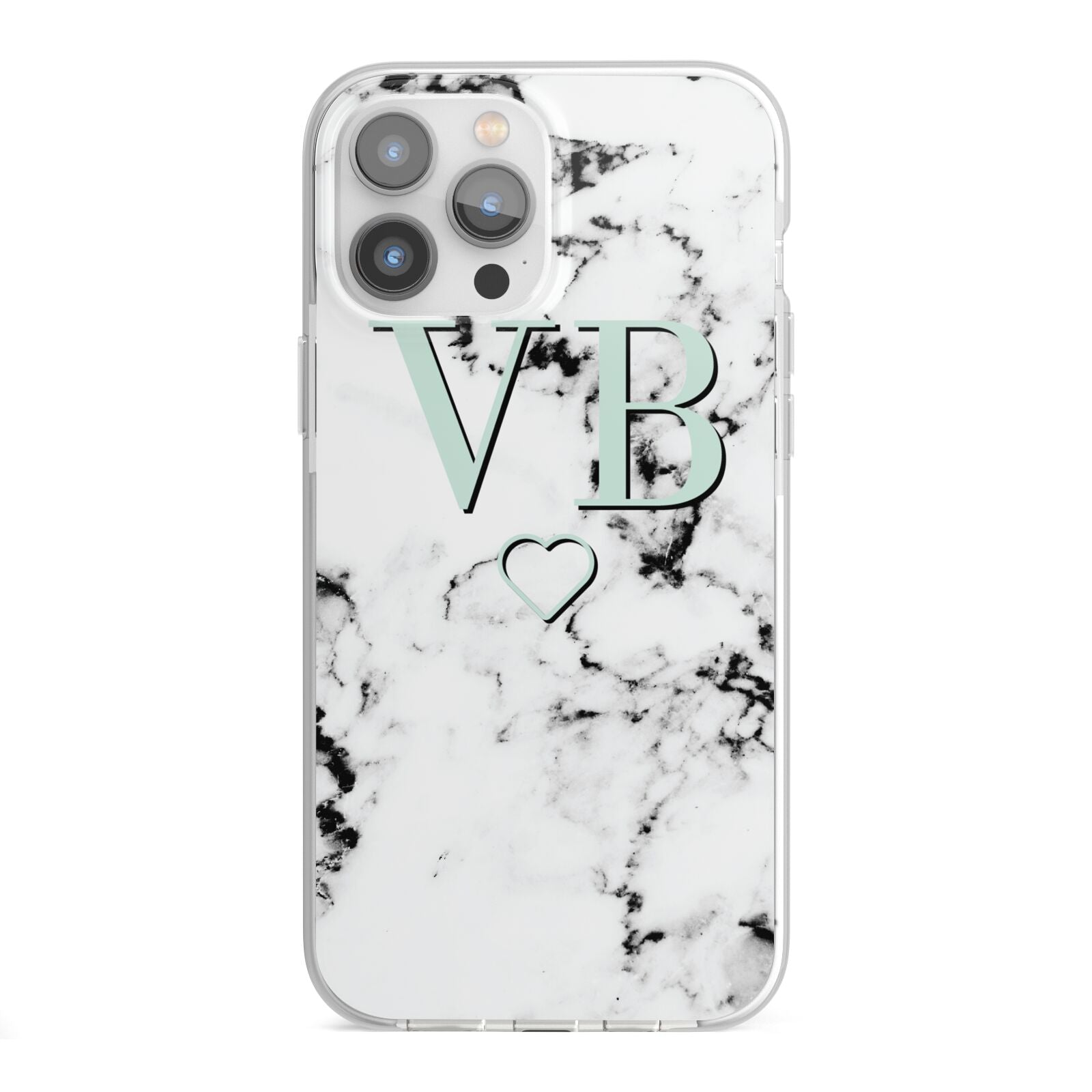 Personalised Mint Monogrammed Heart Marble iPhone 13 Pro Max TPU Impact Case with White Edges