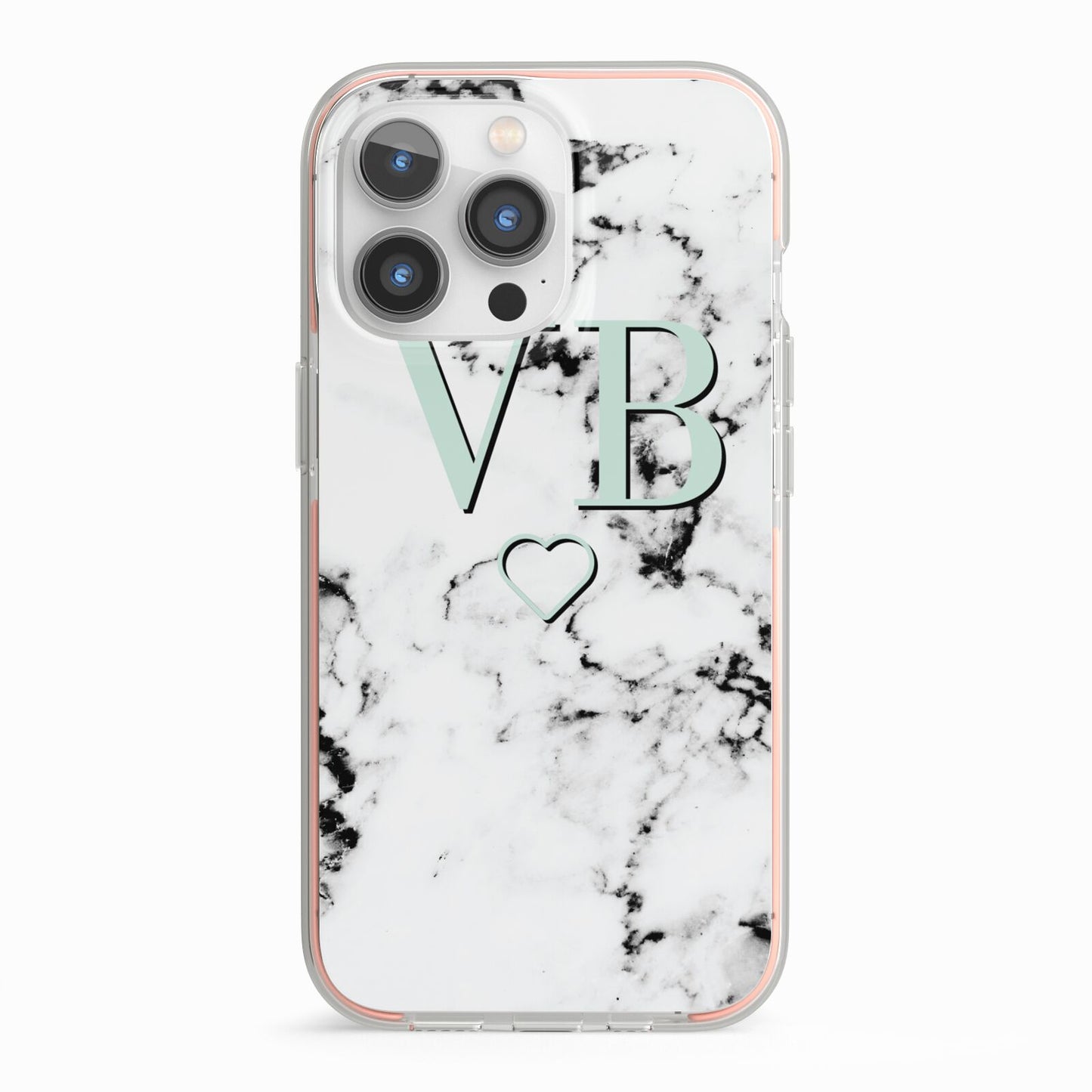 Personalised Mint Monogrammed Heart Marble iPhone 13 Pro TPU Impact Case with Pink Edges