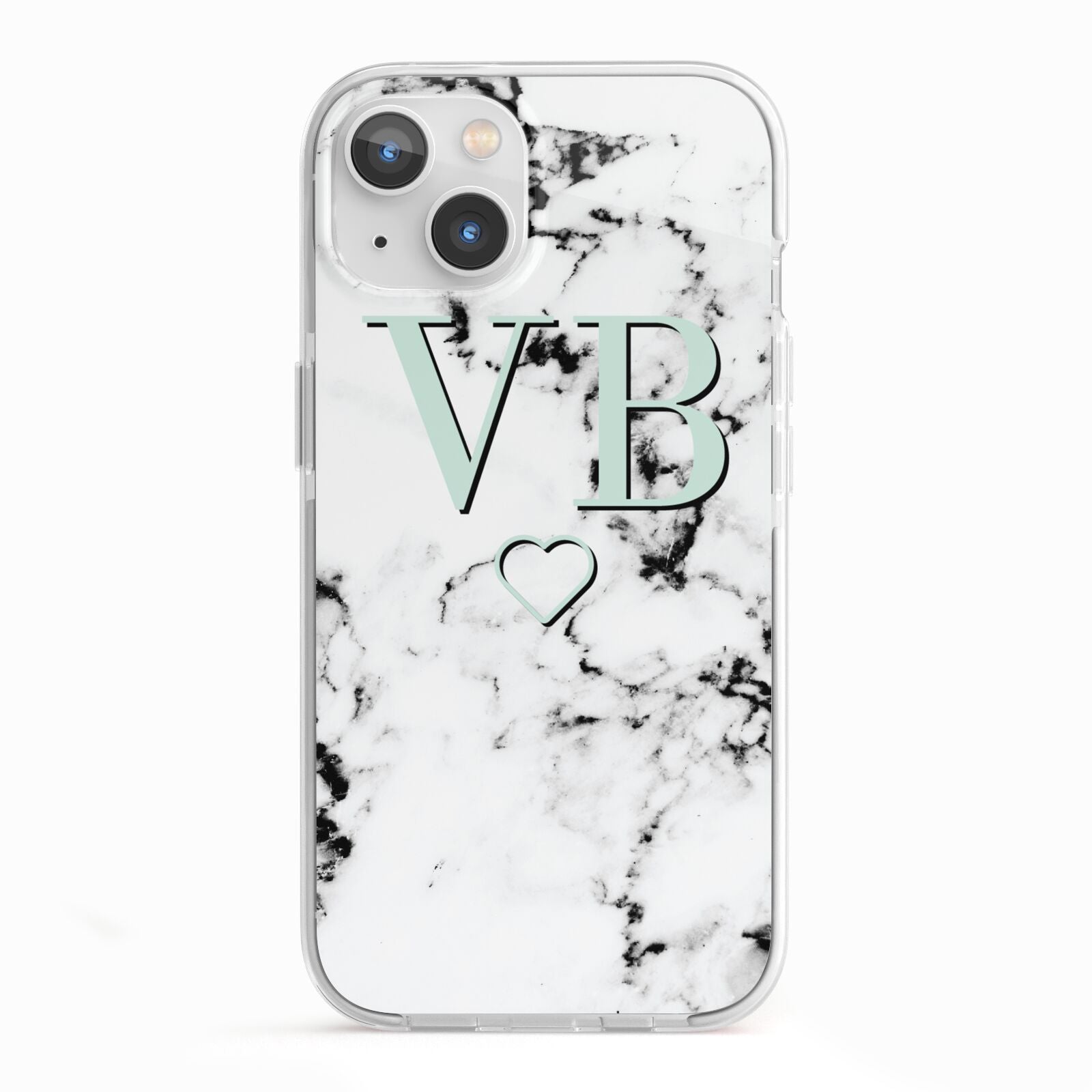Personalised Mint Monogrammed Heart Marble iPhone 13 TPU Impact Case with White Edges