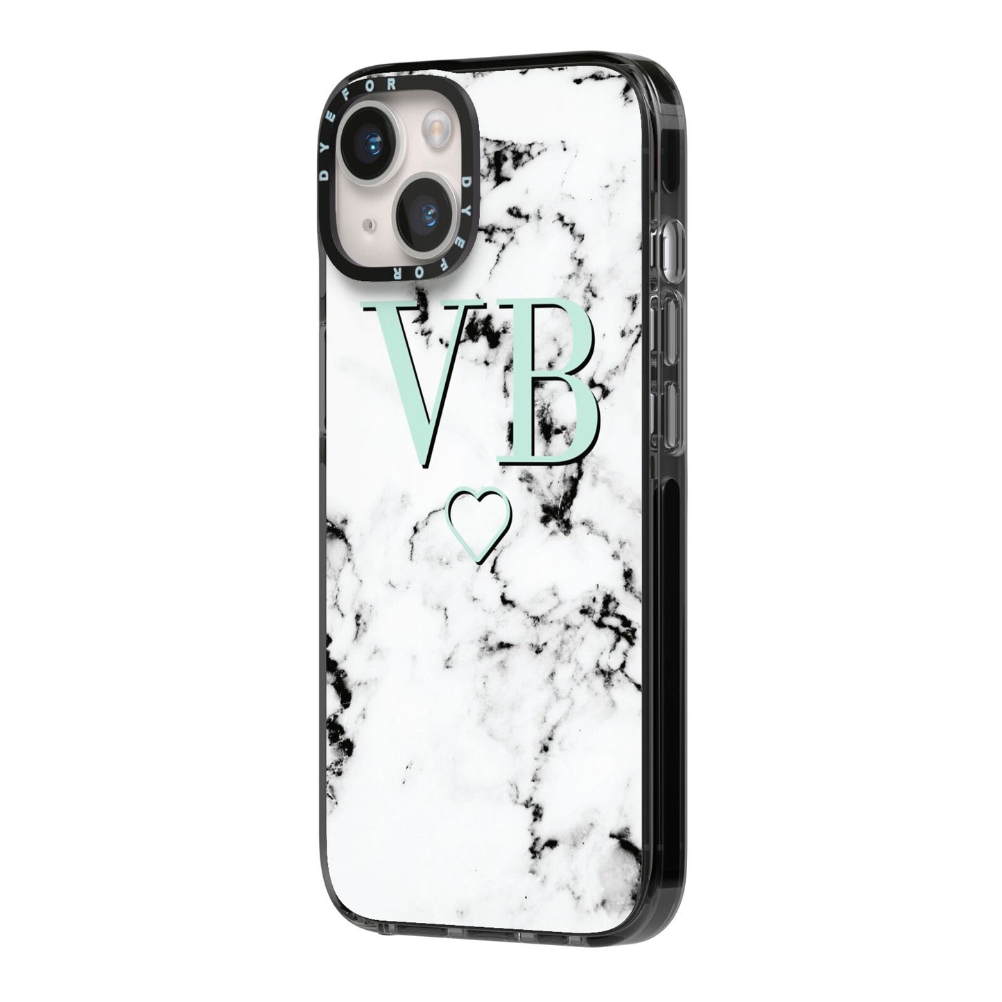 Personalised Mint Monogrammed Heart Marble iPhone 14 Black Impact Case Side Angle on Silver phone