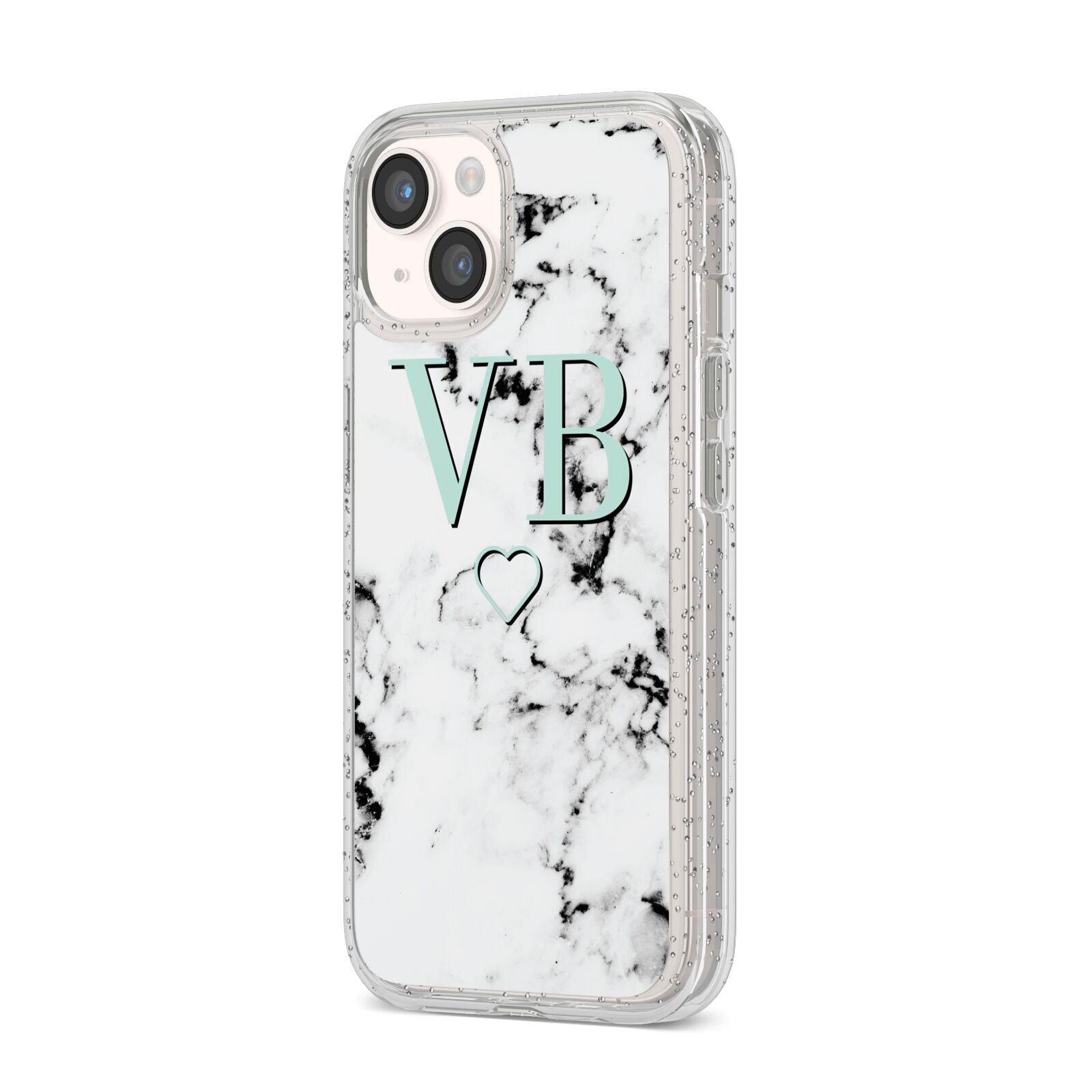 Personalised Mint Monogrammed Heart Marble iPhone 14 Glitter Tough Case Starlight Angled Image