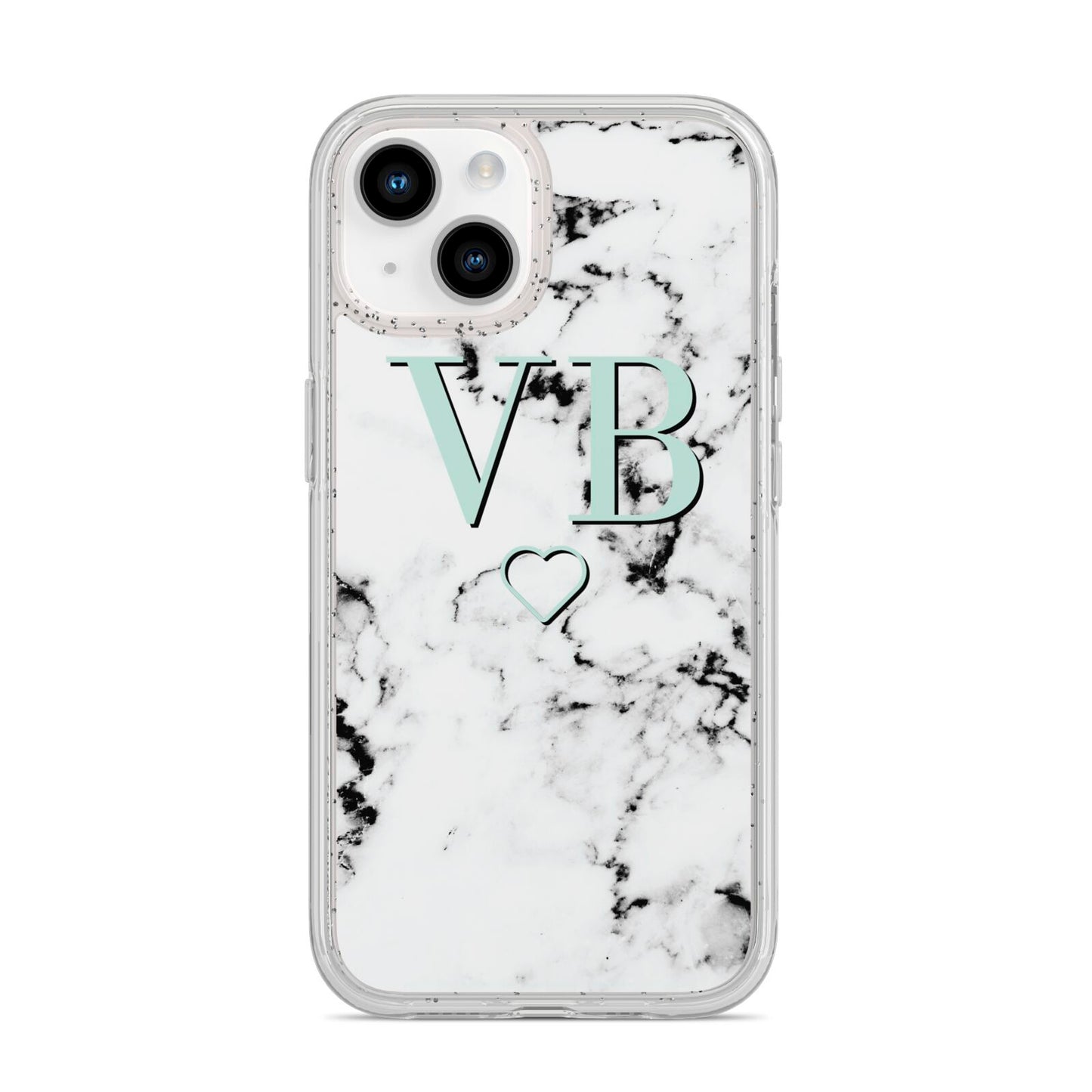 Personalised Mint Monogrammed Heart Marble iPhone 14 Glitter Tough Case Starlight