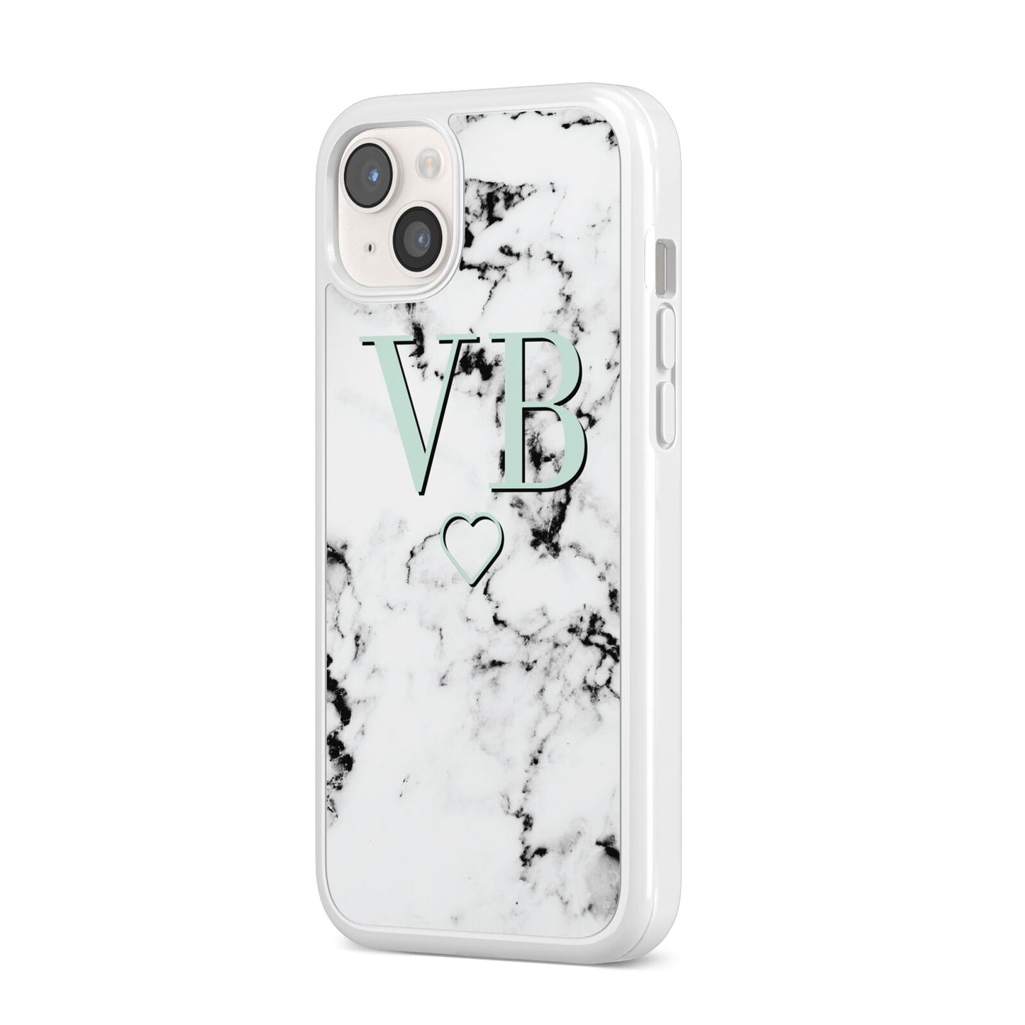 Personalised Mint Monogrammed Heart Marble iPhone 14 Plus Clear Tough Case Starlight Angled Image