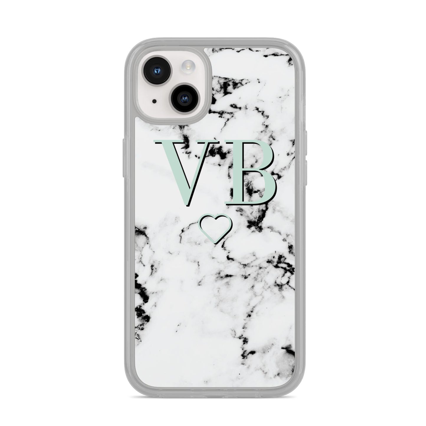 Personalised Mint Monogrammed Heart Marble iPhone 14 Plus Clear Tough Case Starlight