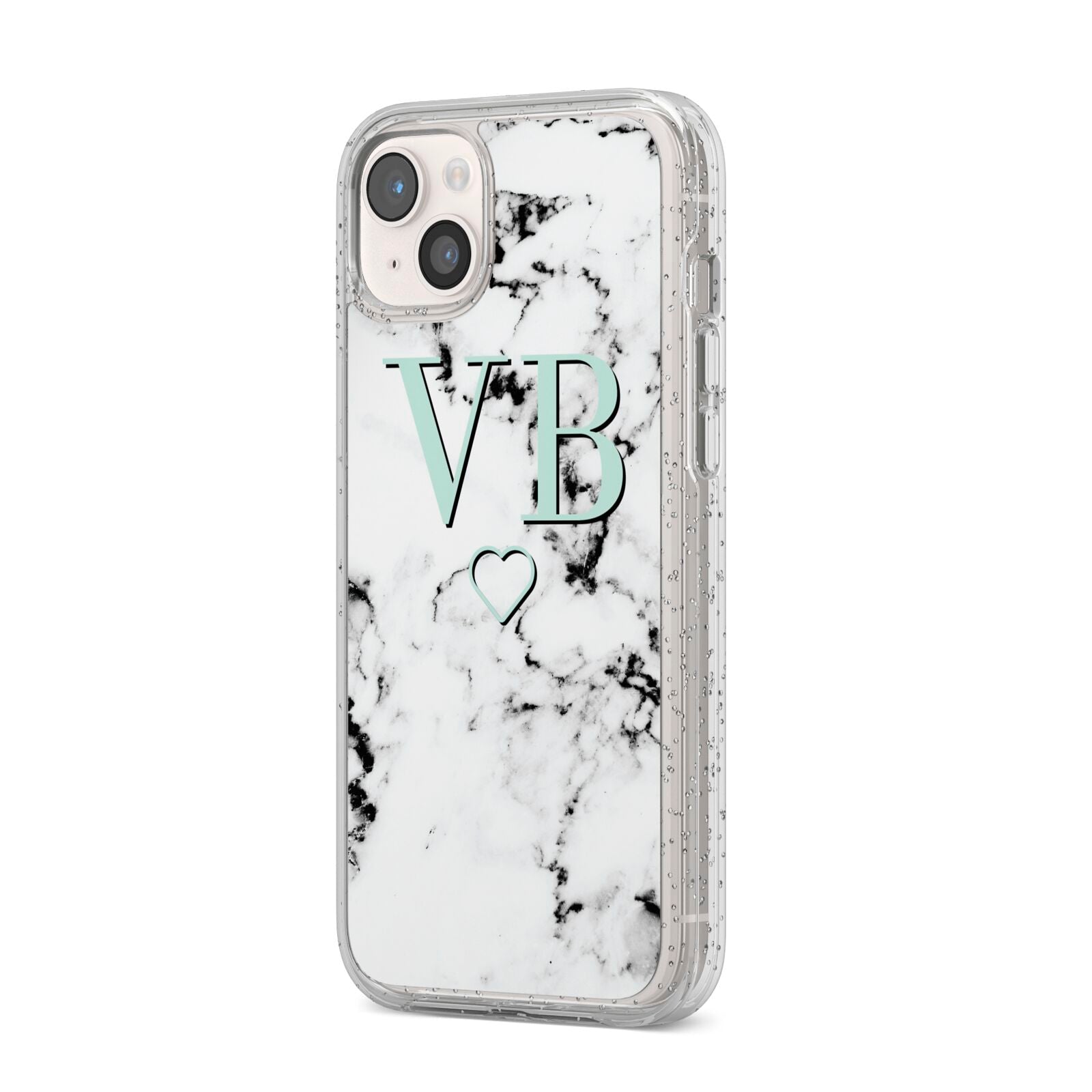 Personalised Mint Monogrammed Heart Marble iPhone 14 Plus Glitter Tough Case Starlight Angled Image