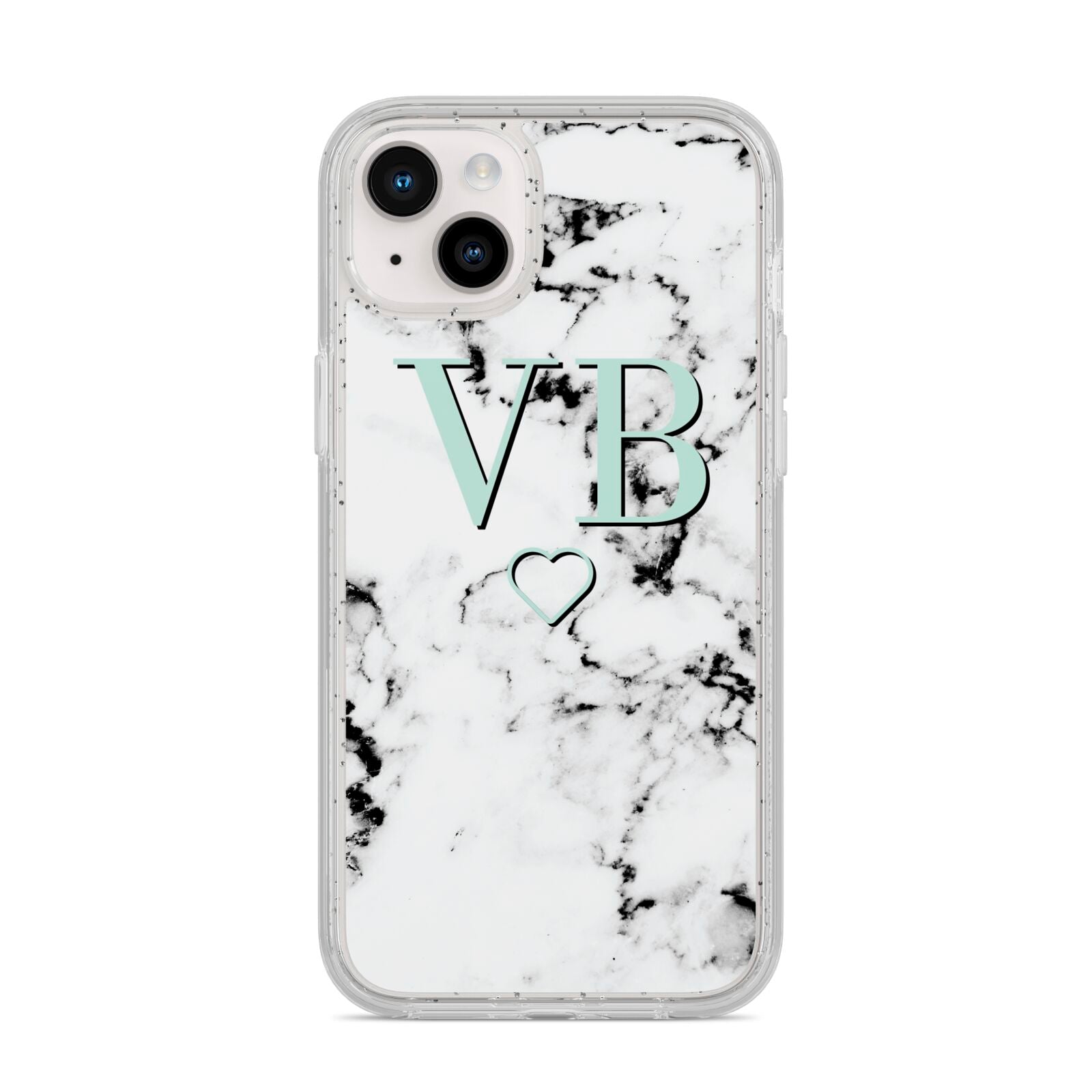 Personalised Mint Monogrammed Heart Marble iPhone 14 Plus Glitter Tough Case Starlight