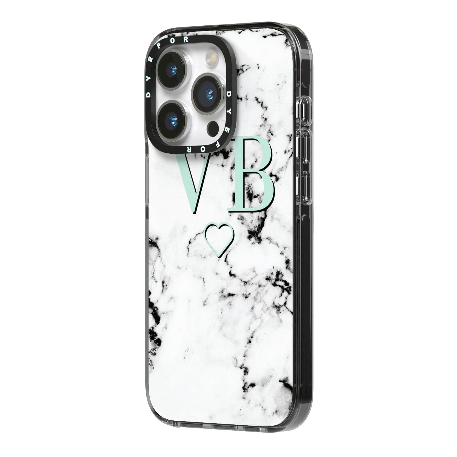 Personalised Mint Monogrammed Heart Marble iPhone 14 Pro Black Impact Case Side Angle on Silver phone