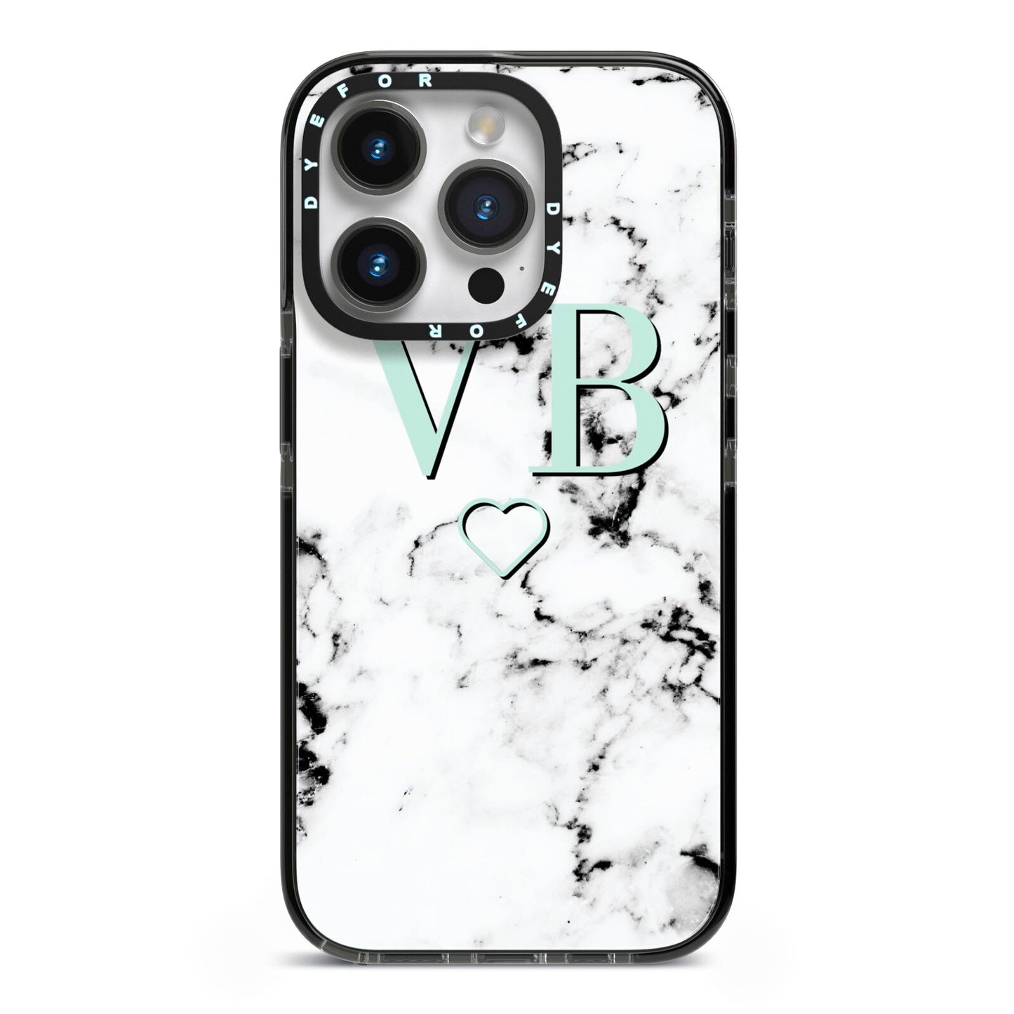 Personalised Mint Monogrammed Heart Marble iPhone 14 Pro Black Impact Case on Silver phone