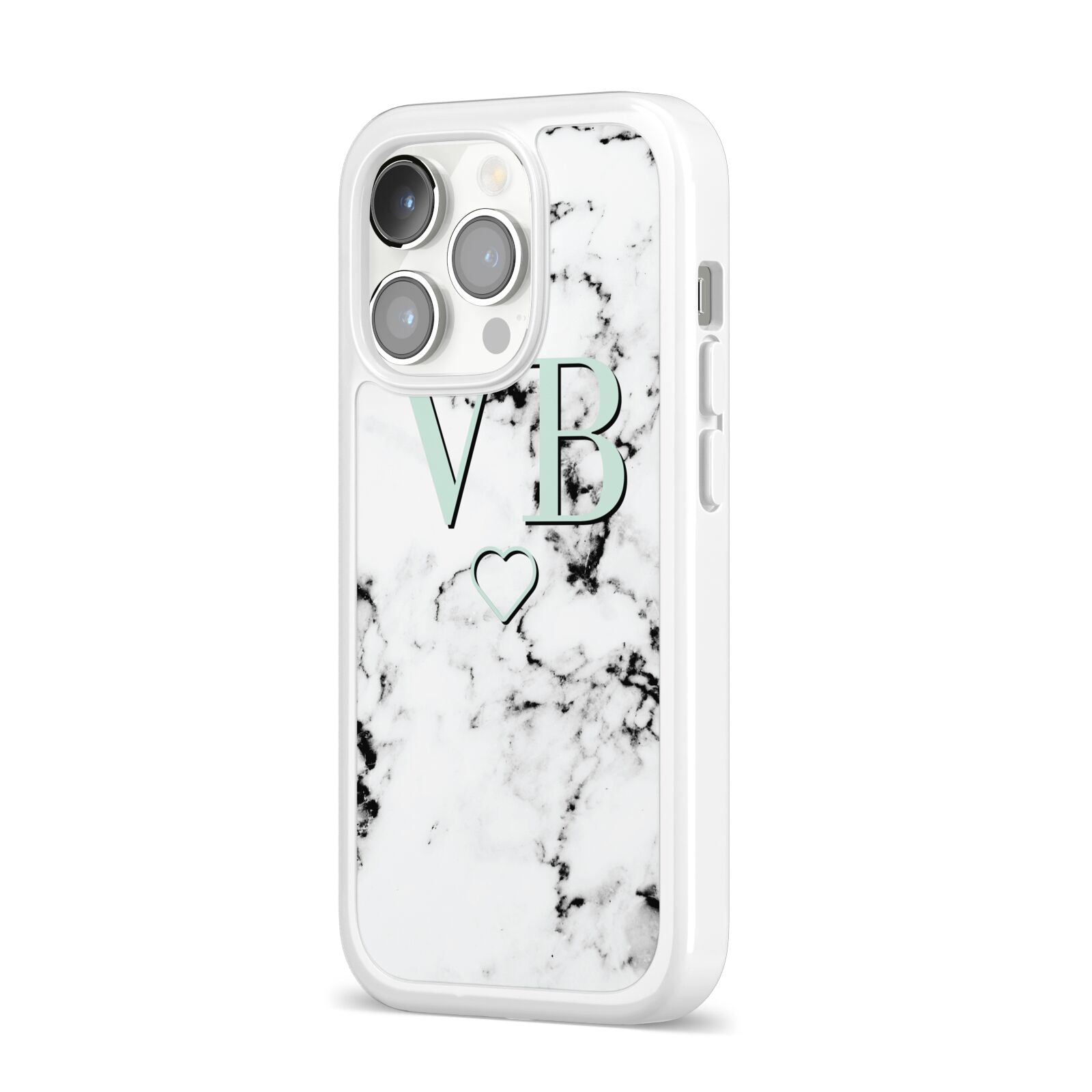 Personalised Mint Monogrammed Heart Marble iPhone 14 Pro Clear Tough Case Silver Angled Image