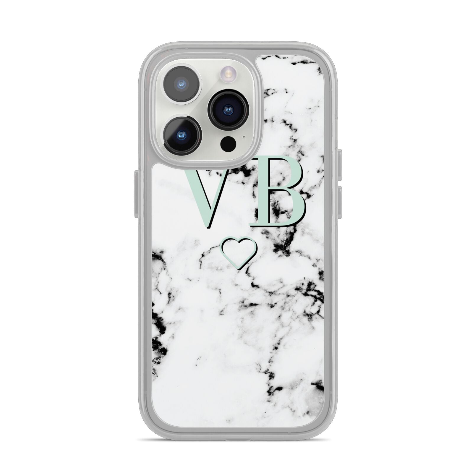 Personalised Mint Monogrammed Heart Marble iPhone 14 Pro Clear Tough Case Silver
