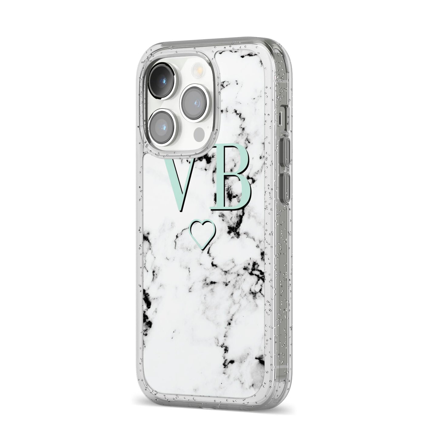 Personalised Mint Monogrammed Heart Marble iPhone 14 Pro Glitter Tough Case Silver Angled Image
