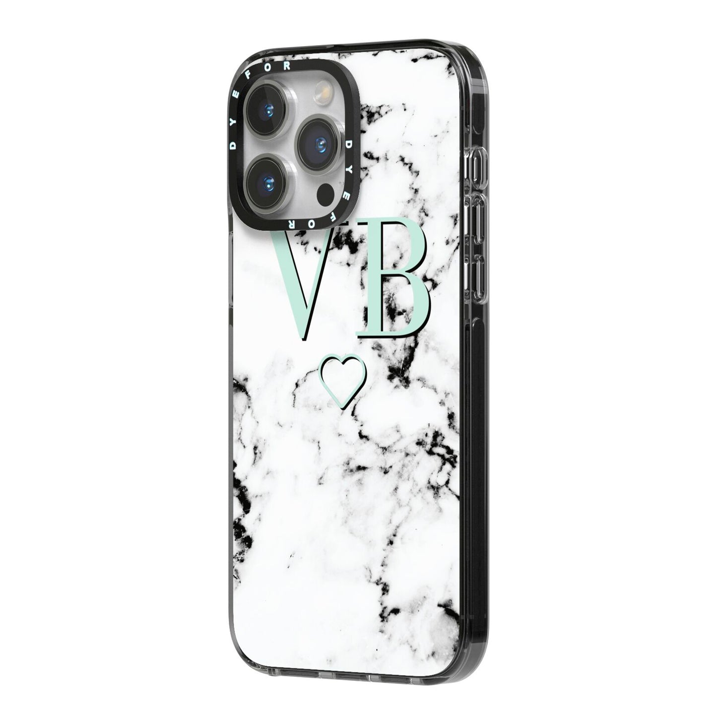 Personalised Mint Monogrammed Heart Marble iPhone 14 Pro Max Black Impact Case Side Angle on Silver phone