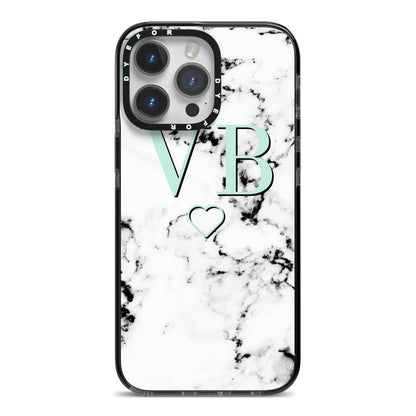 Personalised Mint Monogrammed Heart Marble iPhone 14 Pro Max Black Impact Case on Silver phone