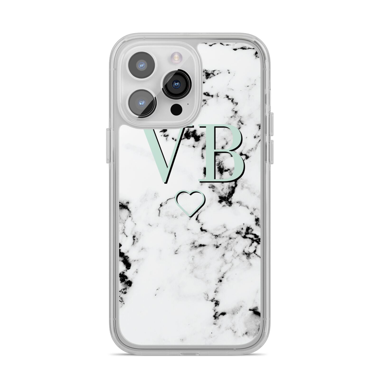 Personalised Mint Monogrammed Heart Marble iPhone 14 Pro Max Clear Tough Case Silver