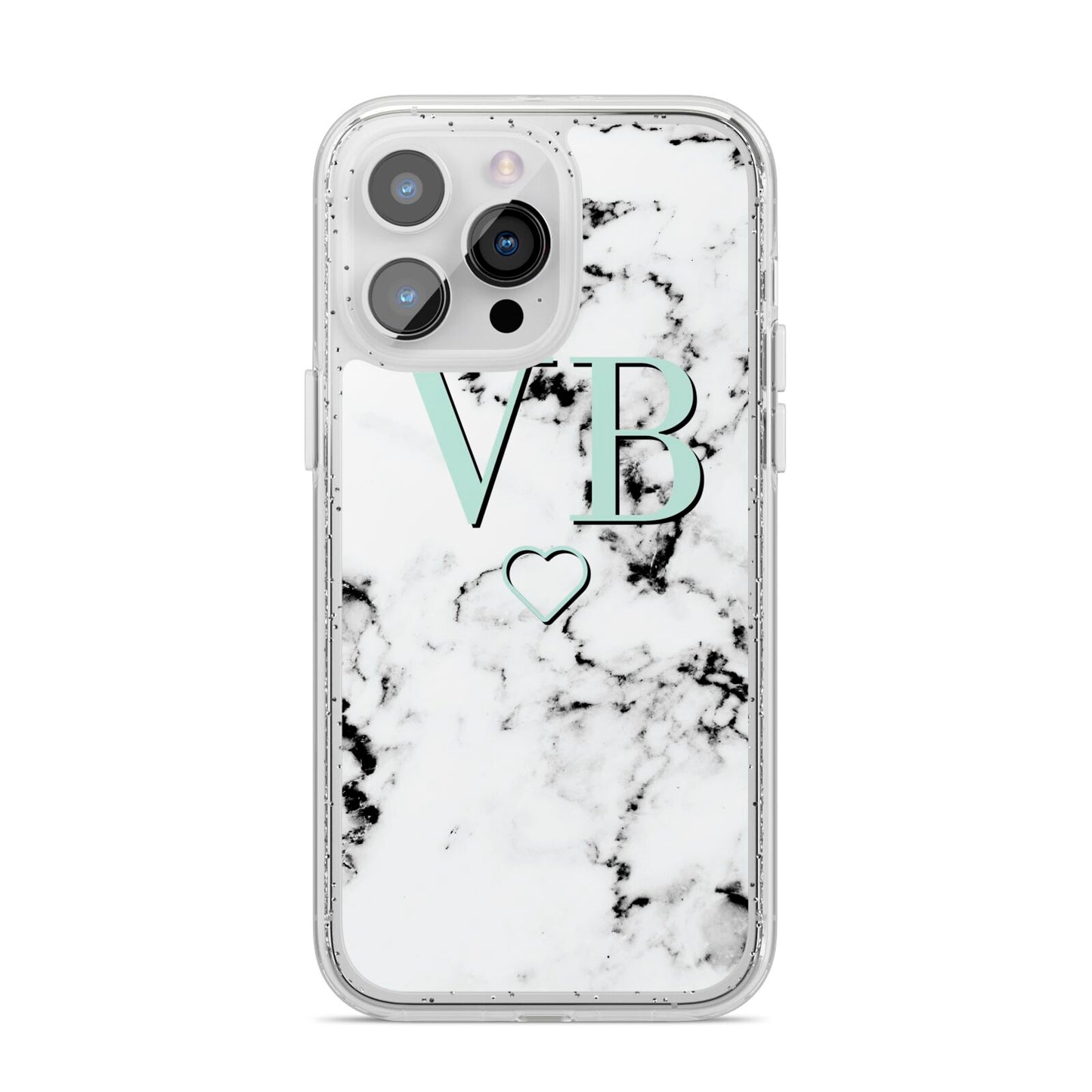 Personalised Mint Monogrammed Heart Marble iPhone 14 Pro Max Glitter Tough Case Silver