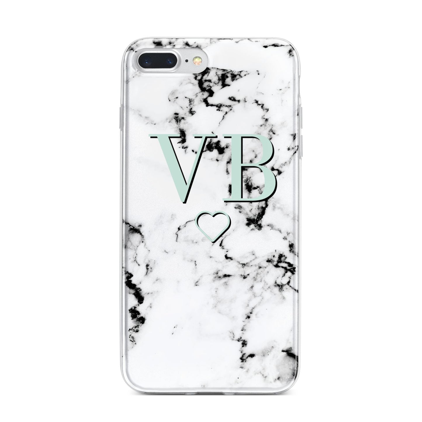 Personalised Mint Monogrammed Heart Marble iPhone 7 Plus Bumper Case on Silver iPhone