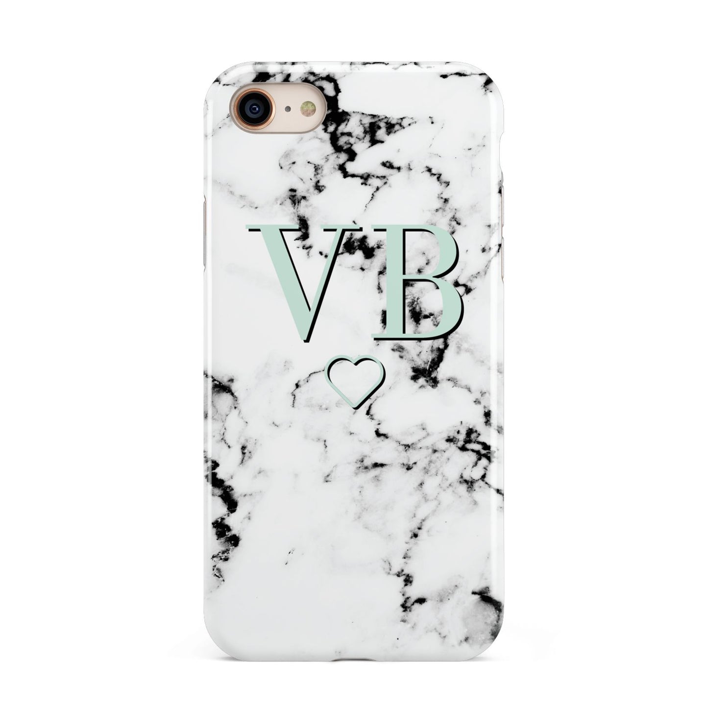 Personalised Mint Monogrammed Heart Marble iPhone 8 3D Tough Case on Gold Phone