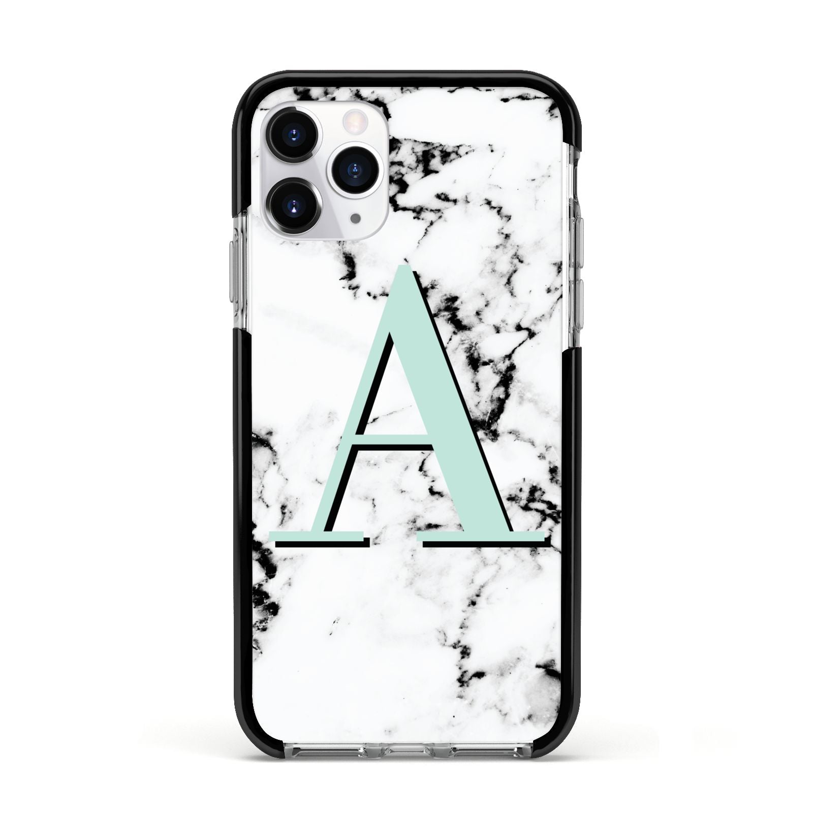 Personalised Mint Single Initial Marble Apple iPhone 11 Pro in Silver with Black Impact Case