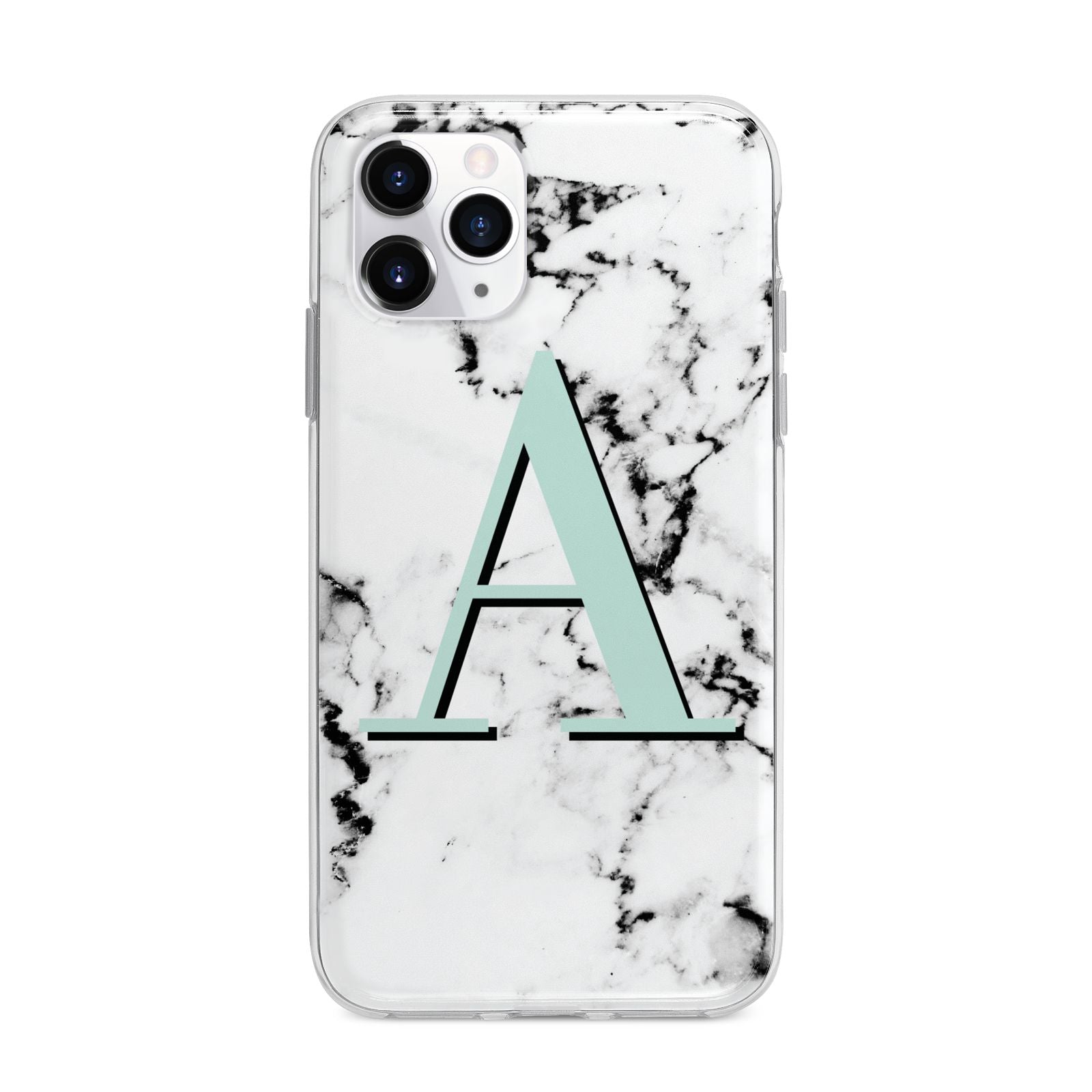 Personalised Mint Single Initial Marble Apple iPhone 11 Pro in Silver with Bumper Case