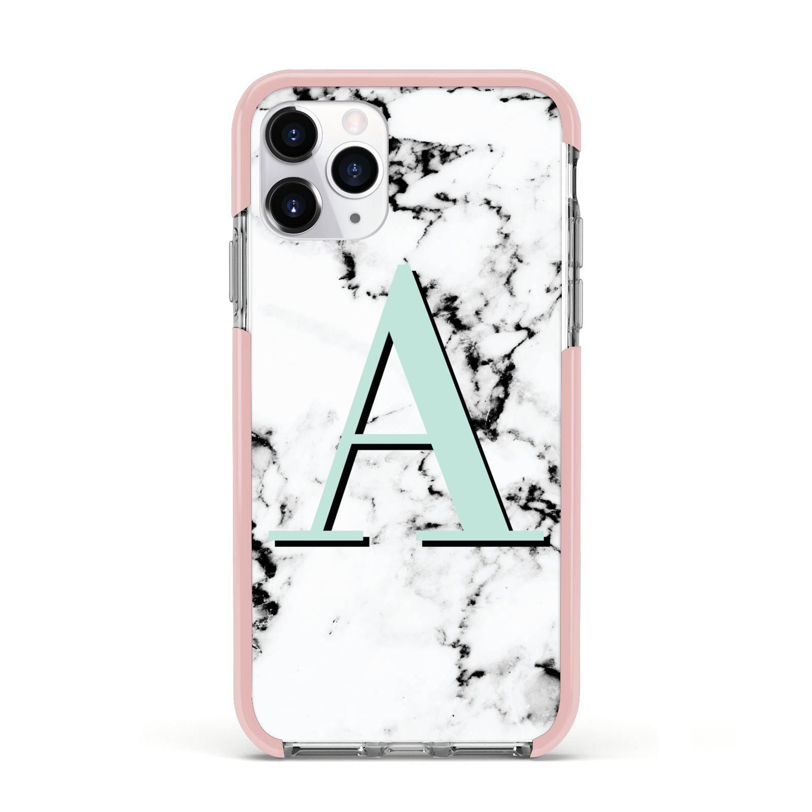 Personalised Mint Single Initial Marble Apple iPhone 11 Pro in Silver with Pink Impact Case