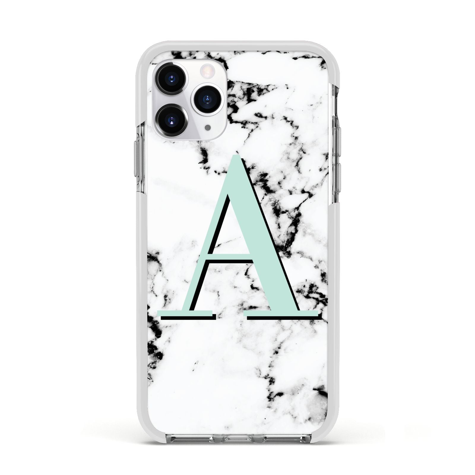 Personalised Mint Single Initial Marble Apple iPhone 11 Pro in Silver with White Impact Case