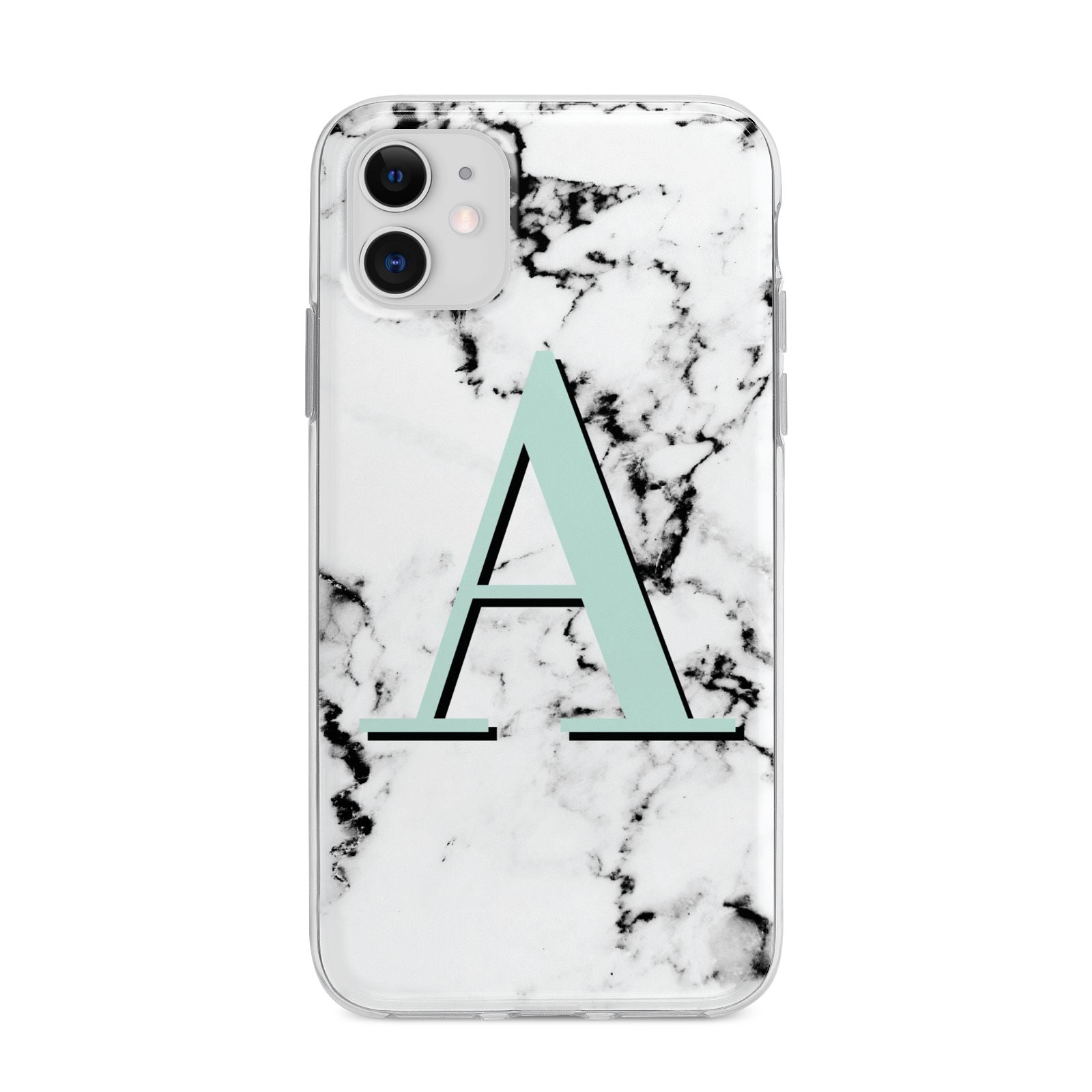 Personalised Mint Single Initial Marble Apple iPhone 11 in White with Bumper Case