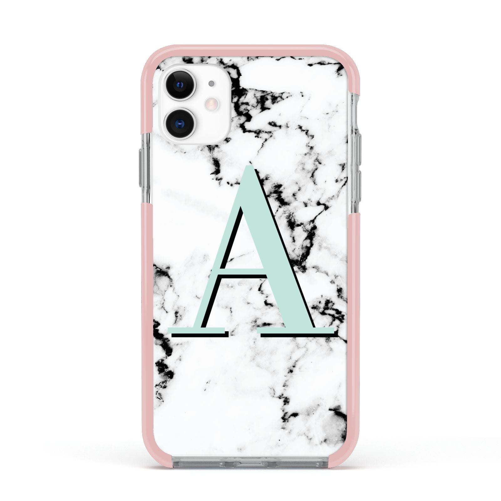Personalised Mint Single Initial Marble Apple iPhone 11 in White with Pink Impact Case