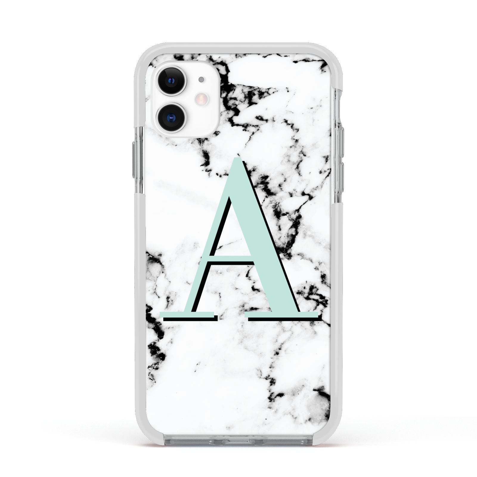 Personalised Mint Single Initial Marble Apple iPhone 11 in White with White Impact Case
