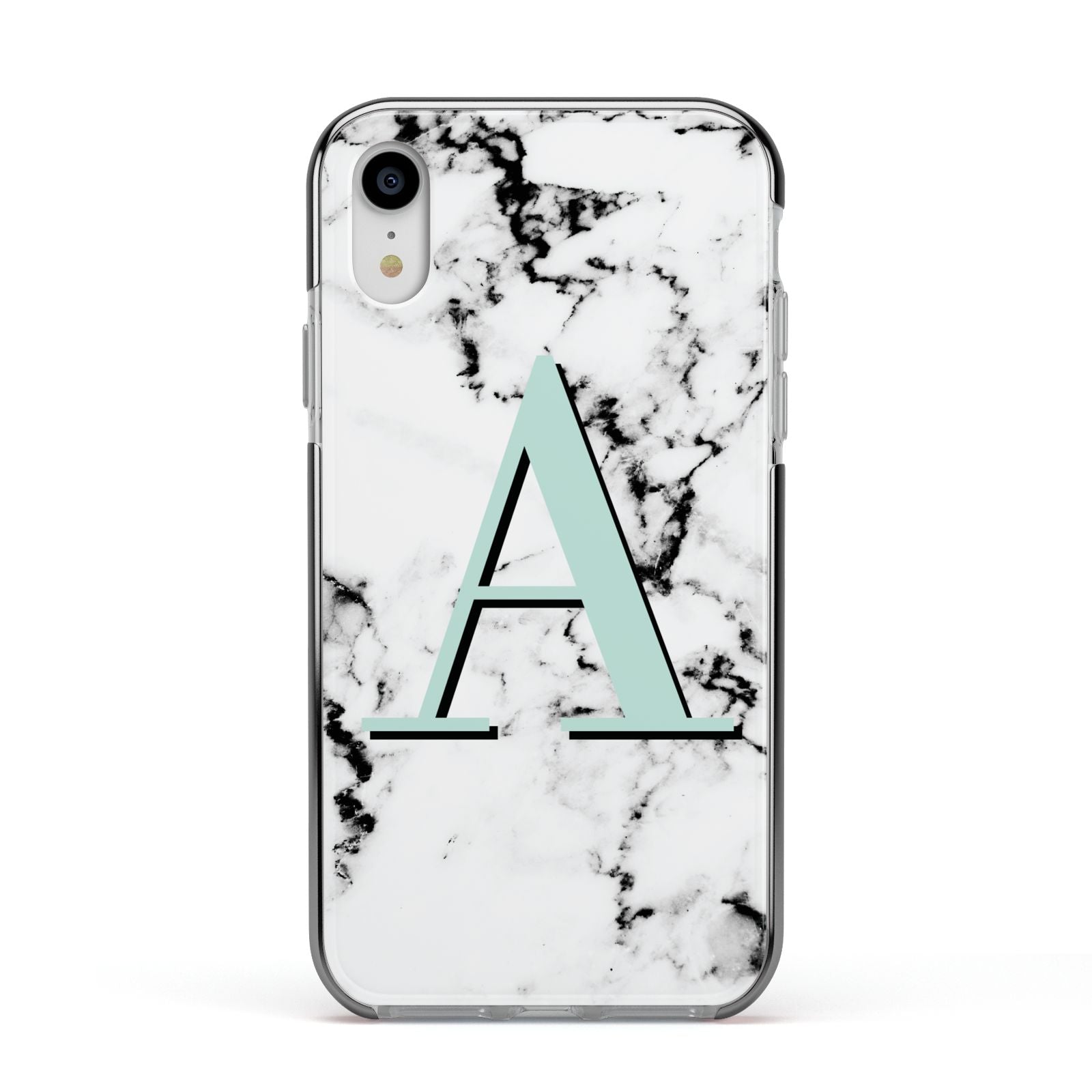 Personalised Mint Single Initial Marble Apple iPhone XR Impact Case Black Edge on Silver Phone
