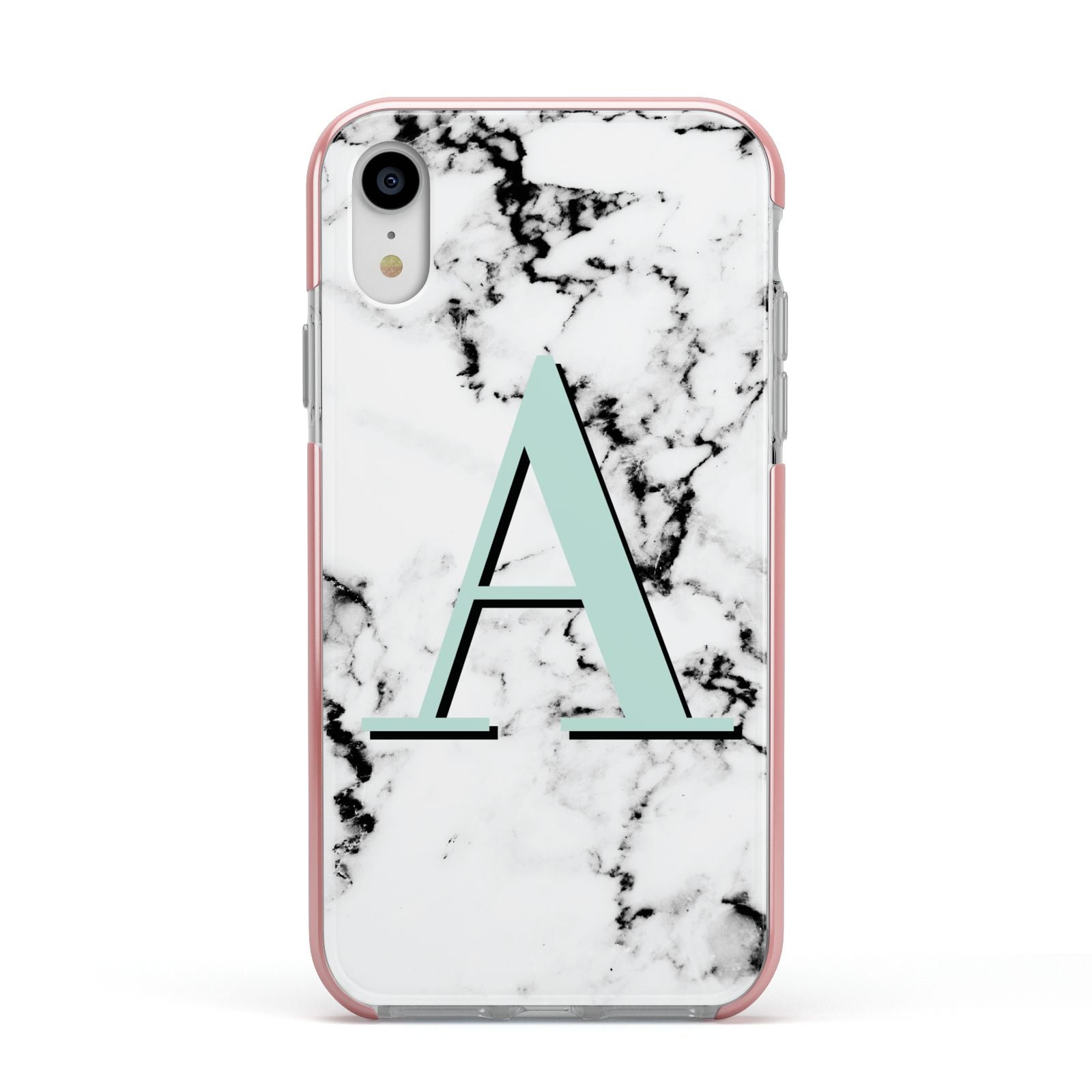 Personalised Mint Single Initial Marble Apple iPhone XR Impact Case Pink Edge on Silver Phone
