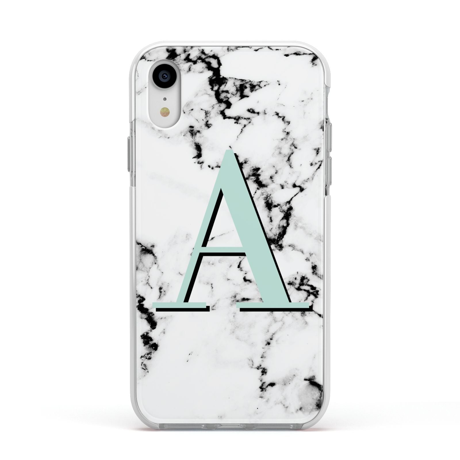 Personalised Mint Single Initial Marble Apple iPhone XR Impact Case White Edge on Silver Phone