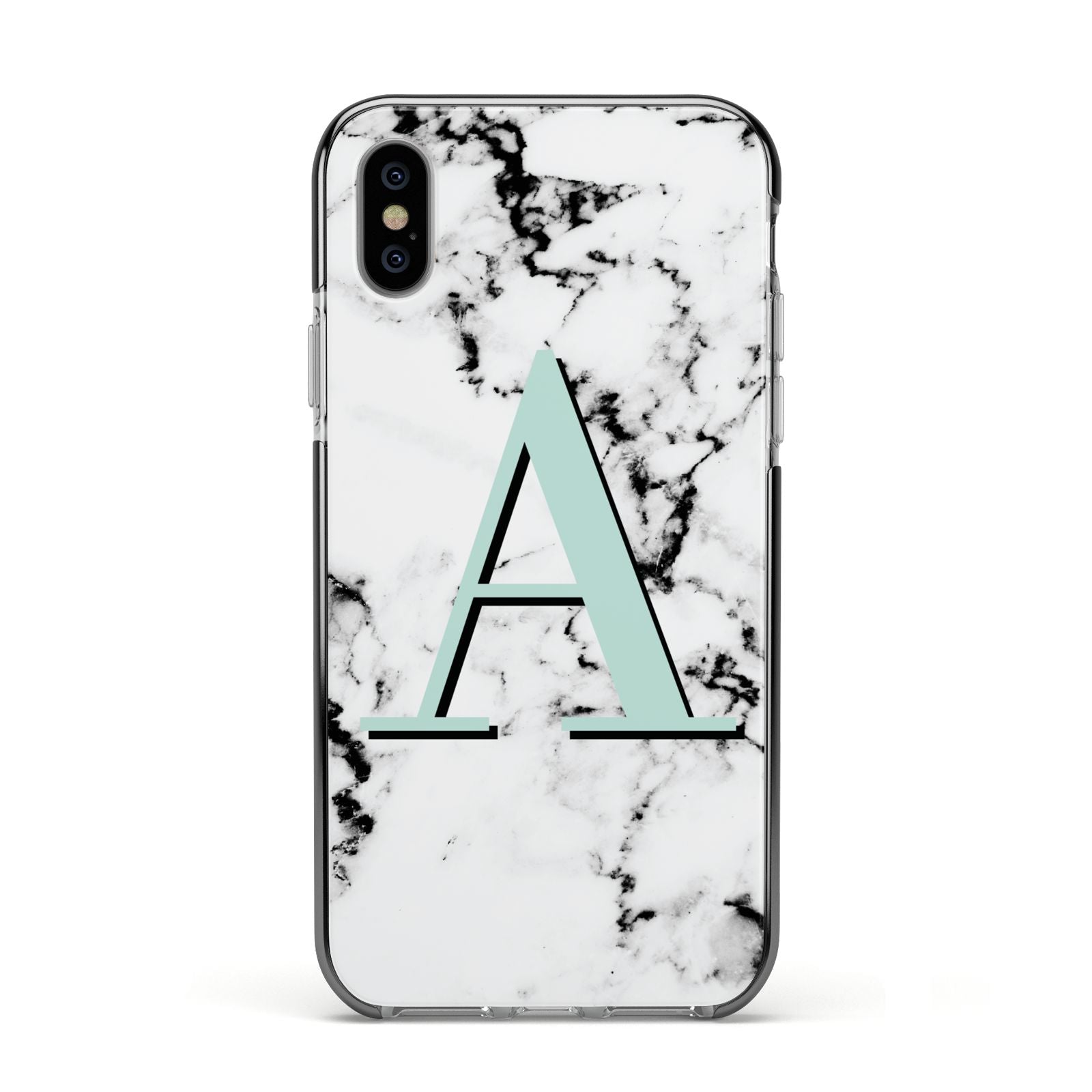 Personalised Mint Single Initial Marble Apple iPhone Xs Impact Case Black Edge on Silver Phone