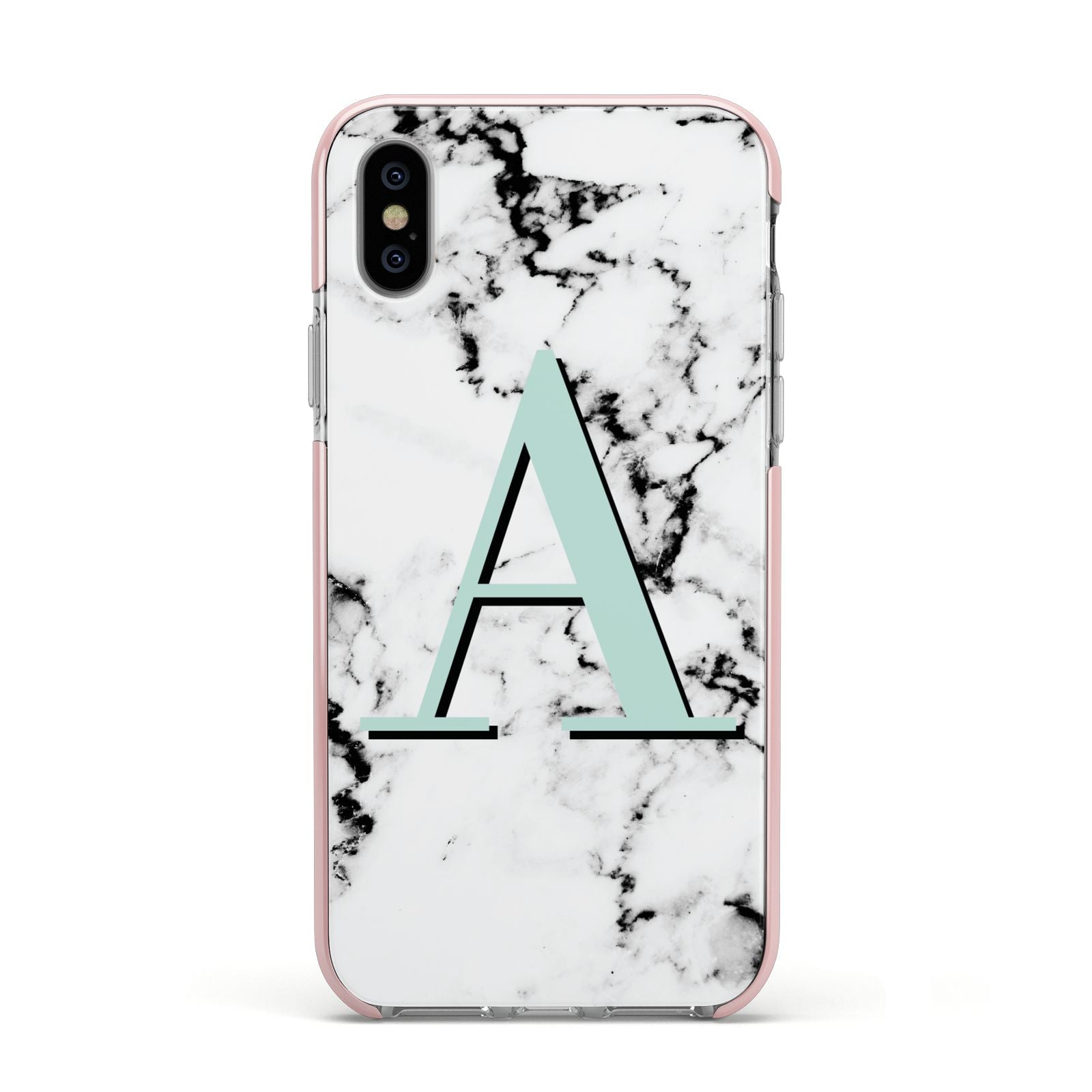 Personalised Mint Single Initial Marble Apple iPhone Xs Impact Case Pink Edge on Silver Phone