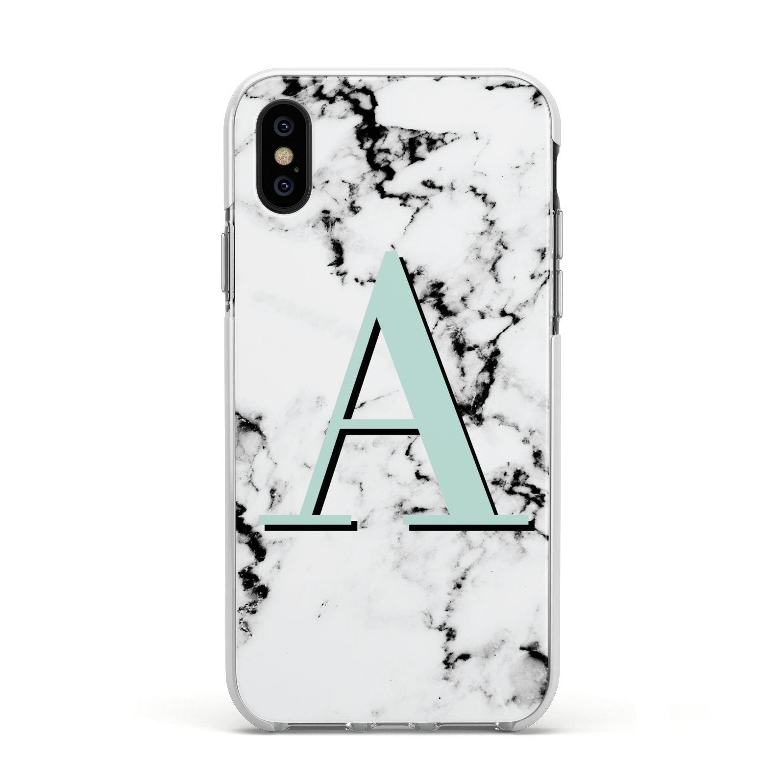 Personalised Mint Single Initial Marble Apple iPhone Xs Impact Case White Edge on Black Phone