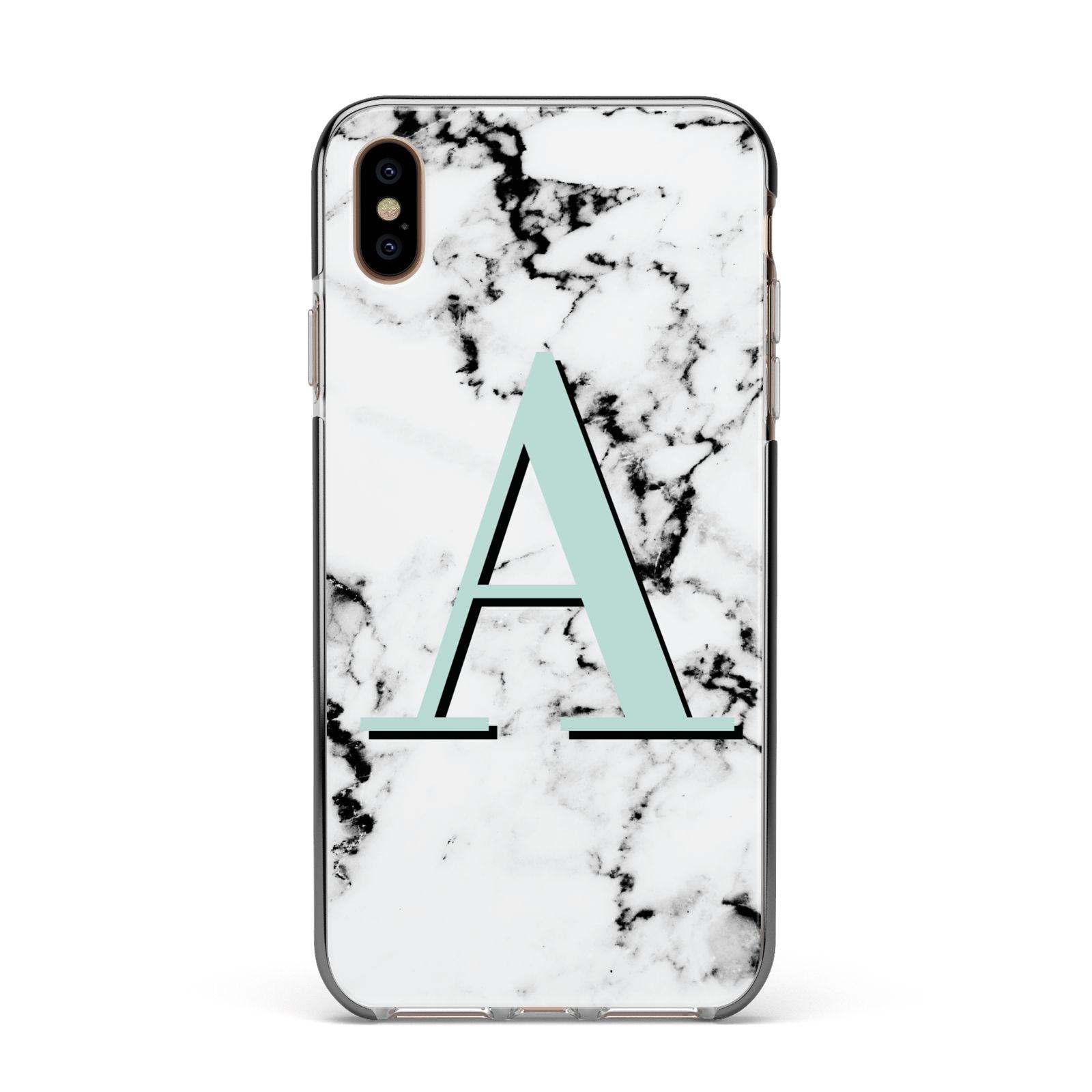 Personalised Mint Single Initial Marble Apple iPhone Xs Max Impact Case Black Edge on Gold Phone