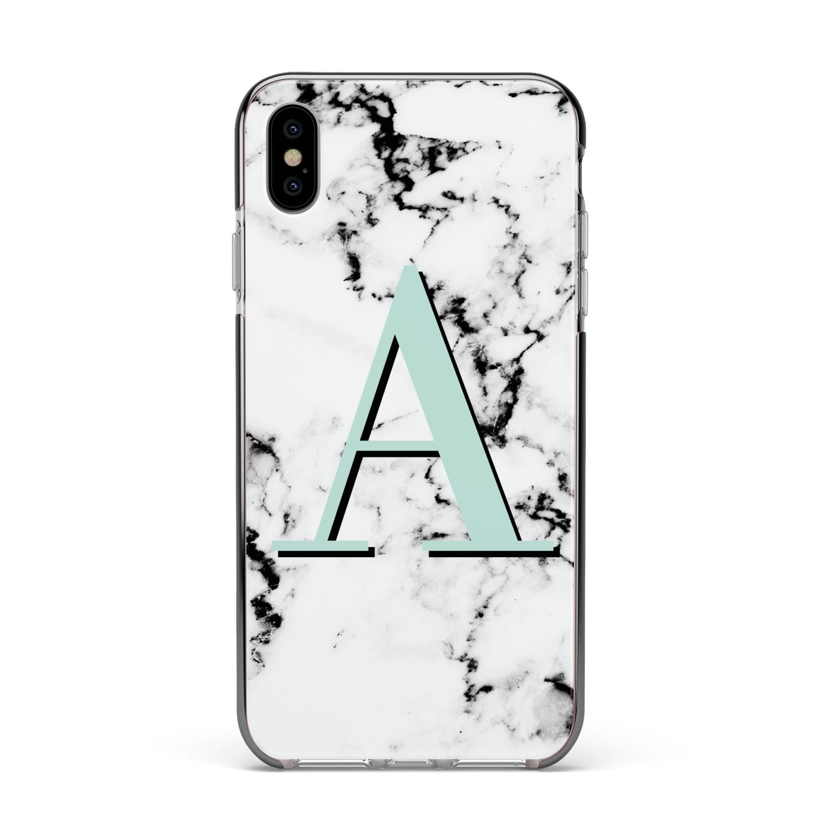 Personalised Mint Single Initial Marble Apple iPhone Xs Max Impact Case Black Edge on Silver Phone