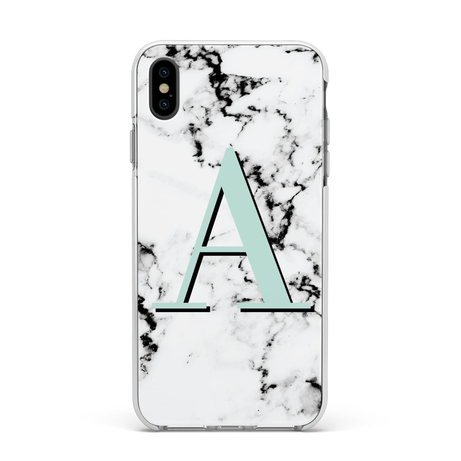 Personalised Mint Single Initial Marble Apple iPhone Xs Max Impact Case White Edge on Black Phone