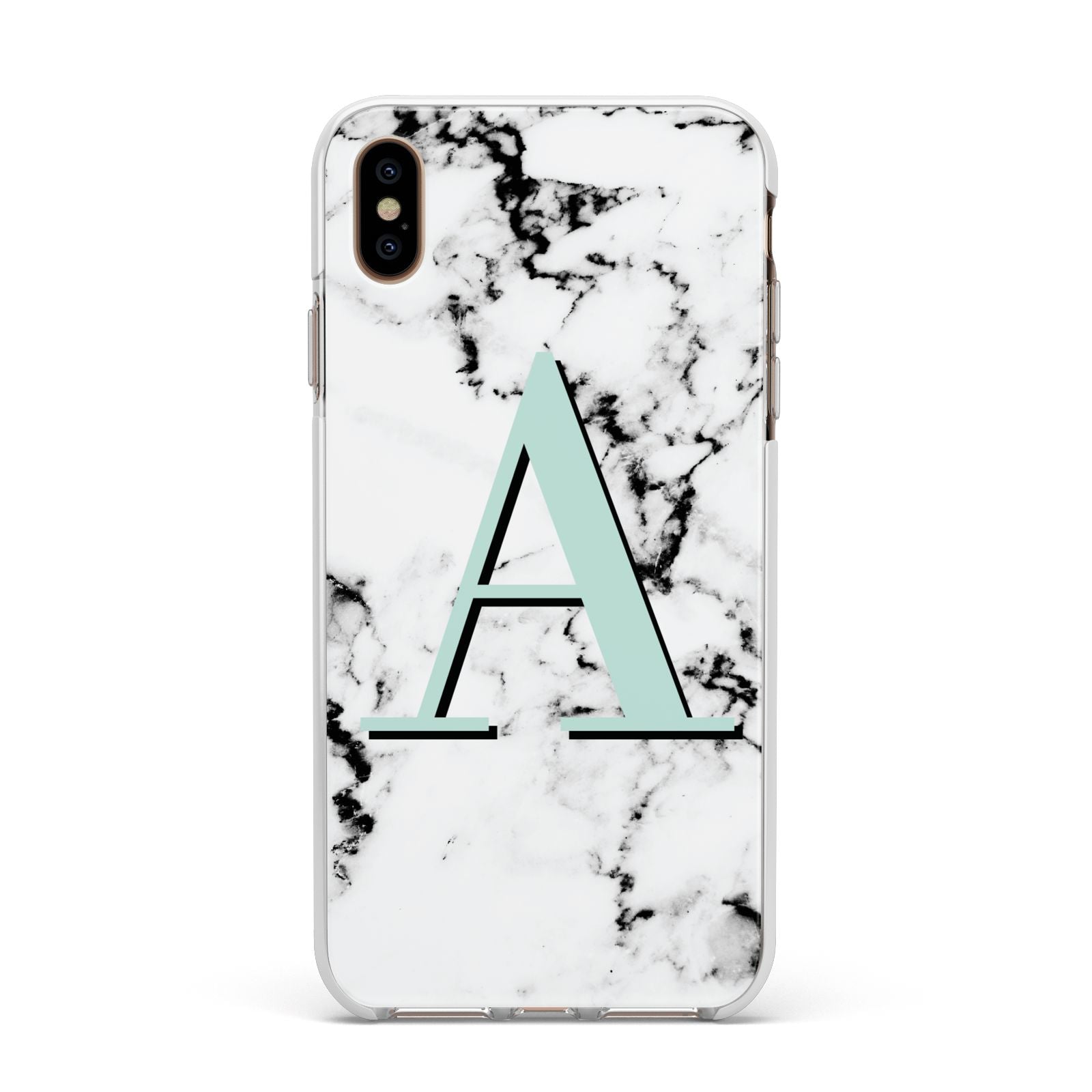 Personalised Mint Single Initial Marble Apple iPhone Xs Max Impact Case White Edge on Gold Phone