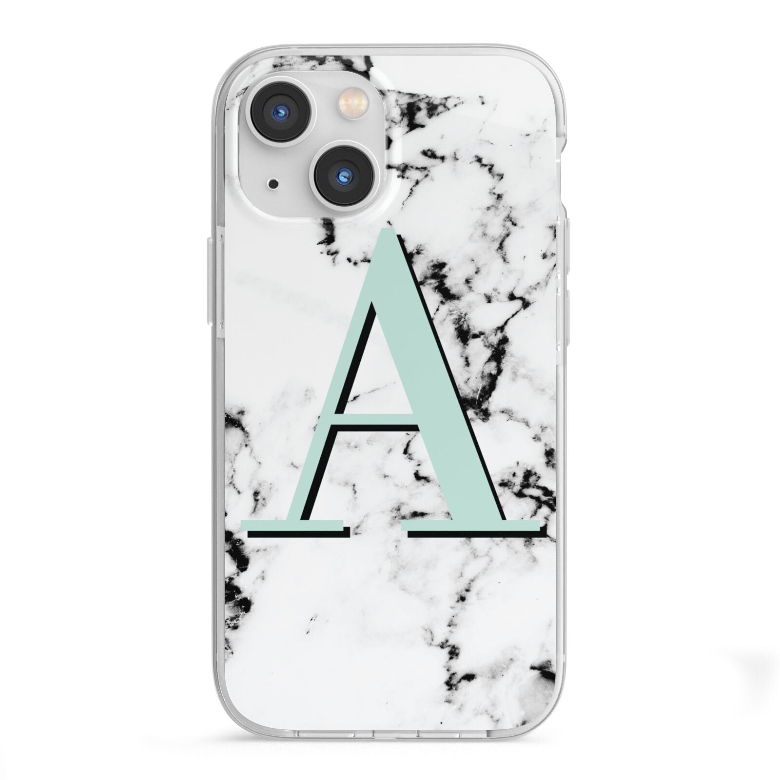 Personalised Mint Single Initial Marble iPhone 13 Mini TPU Impact Case with White Edges