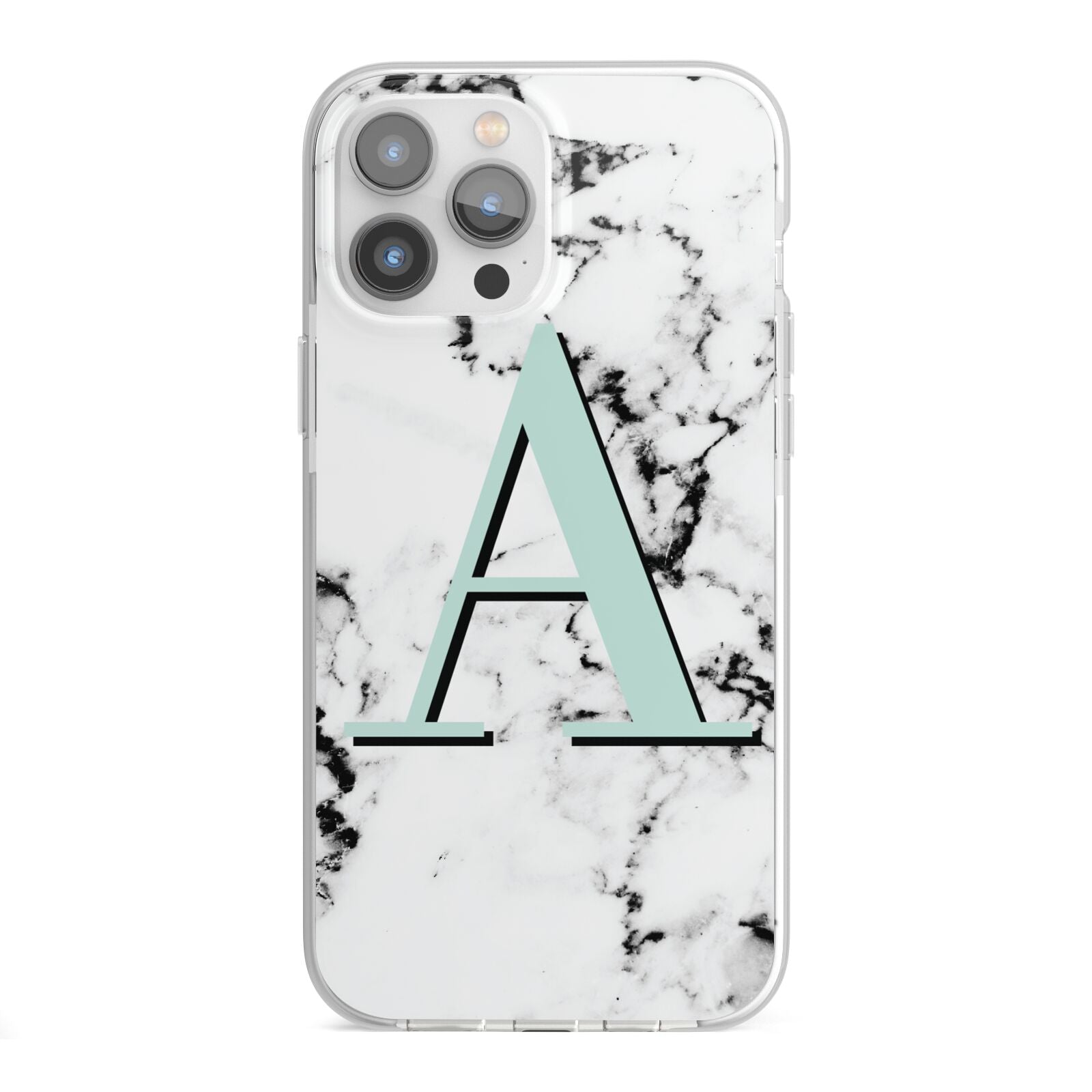 Personalised Mint Single Initial Marble iPhone 13 Pro Max TPU Impact Case with White Edges