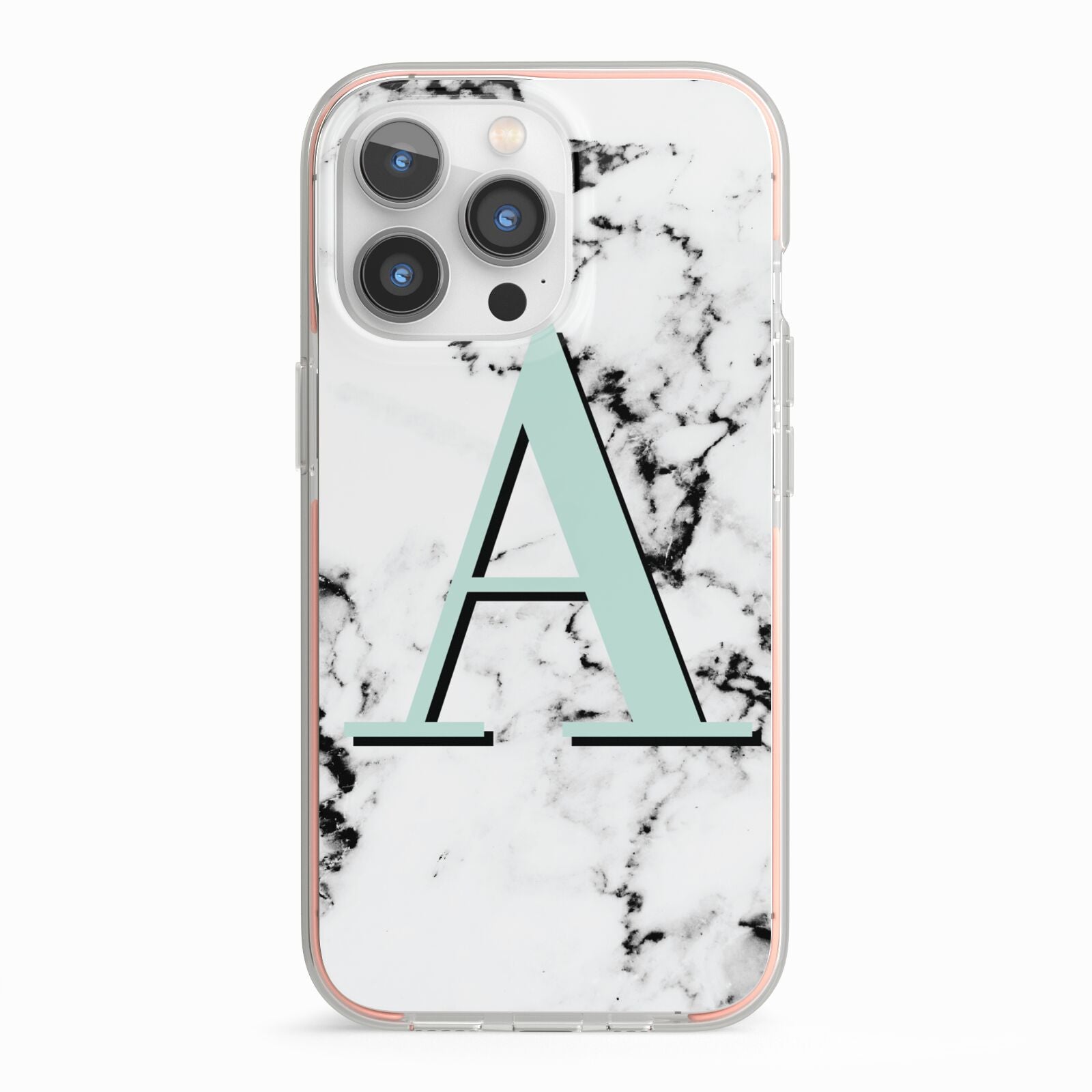 Personalised Mint Single Initial Marble iPhone 13 Pro TPU Impact Case with Pink Edges