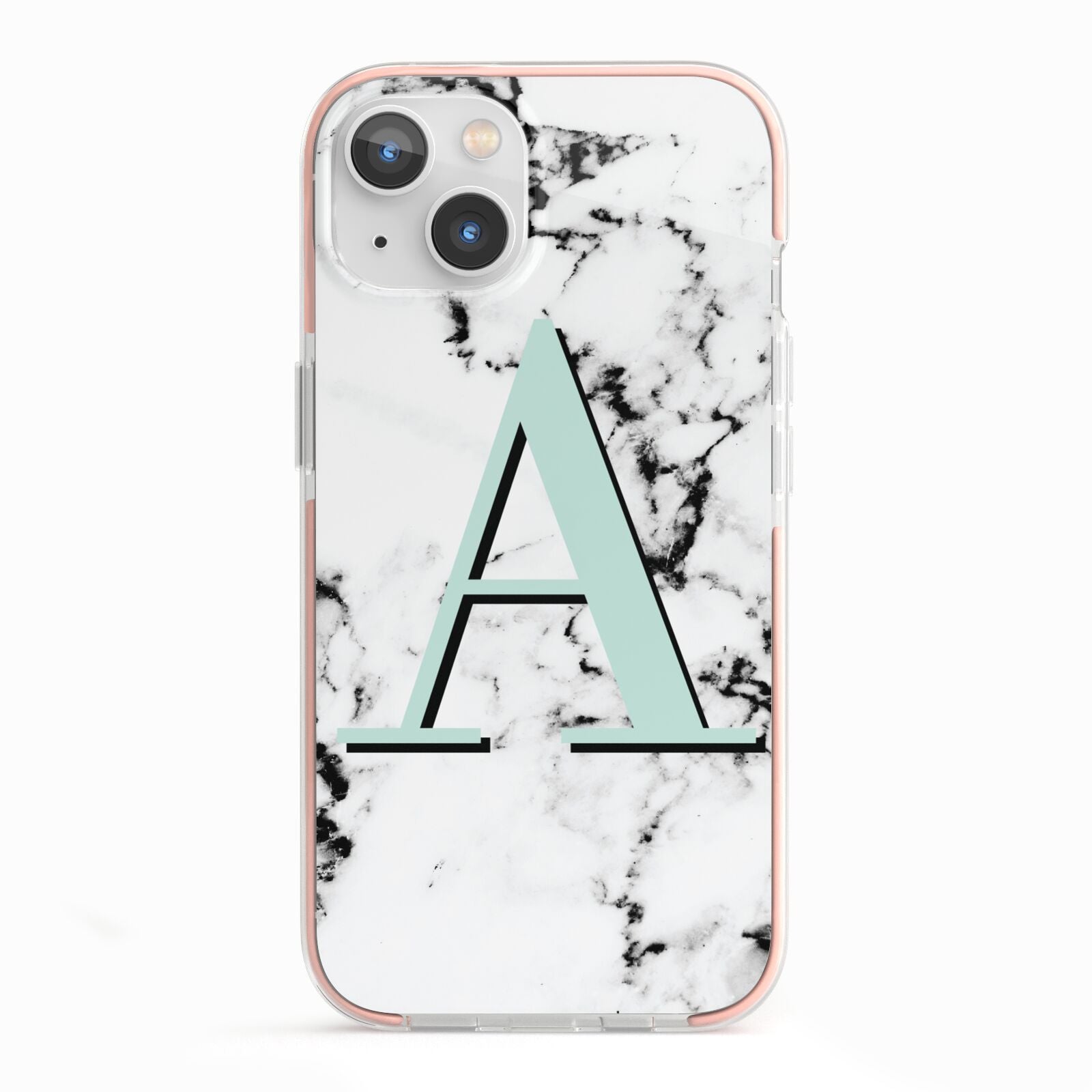 Personalised Mint Single Initial Marble iPhone 13 TPU Impact Case with Pink Edges