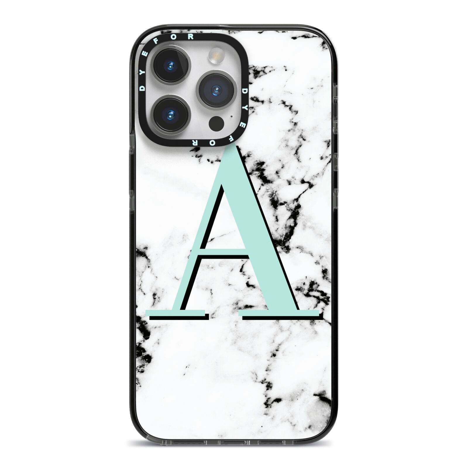 Personalised Mint Single Initial Marble iPhone 14 Pro Max Black Impact Case on Silver phone