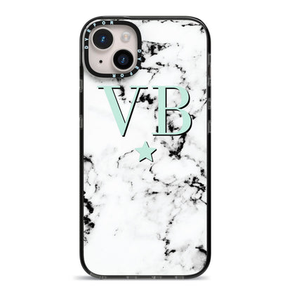 Personalised Mint Star With Monogram Marble iPhone 14 Plus Black Impact Case on Silver phone