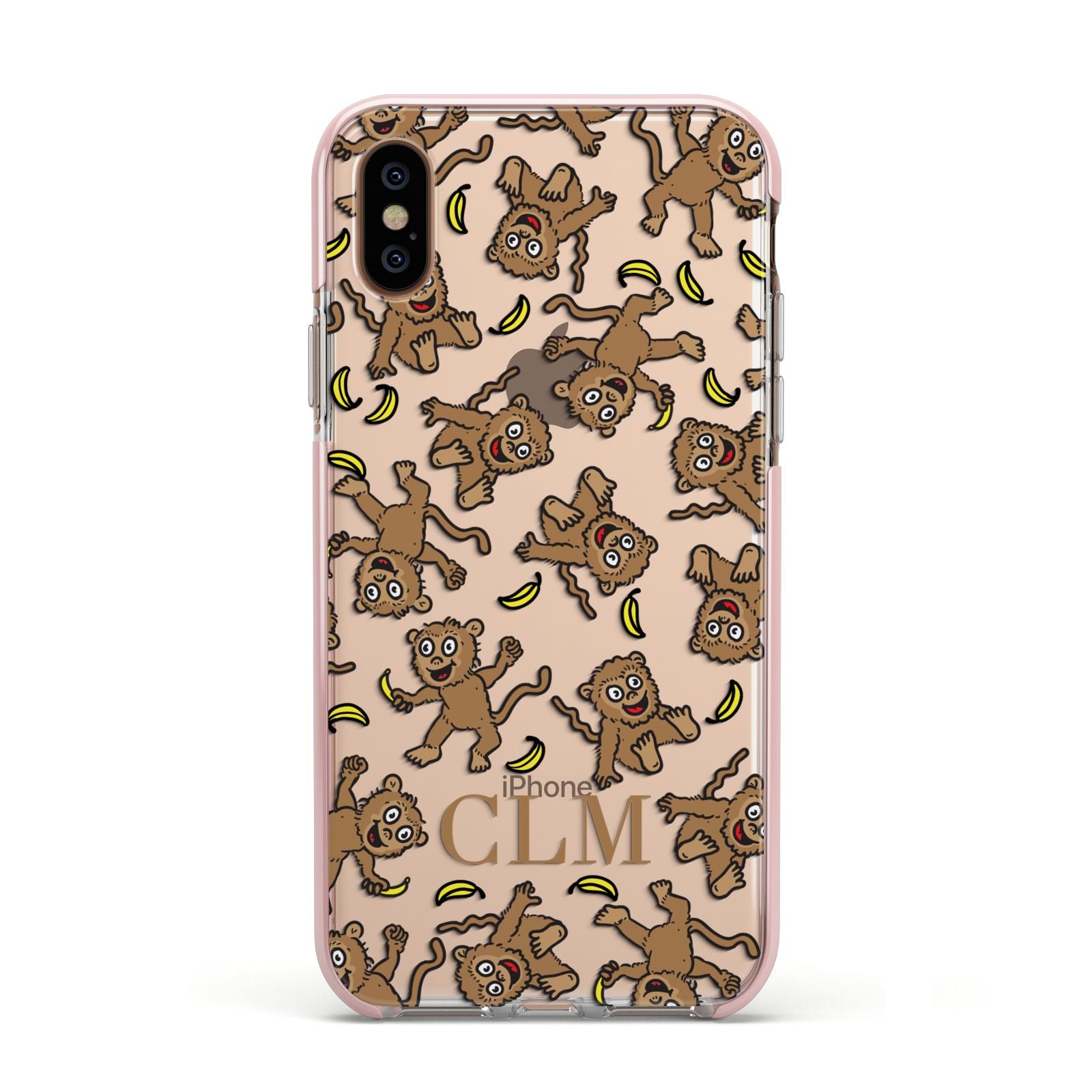 Personalised Monkey Initials Apple iPhone Xs Impact Case Pink Edge on Gold Phone