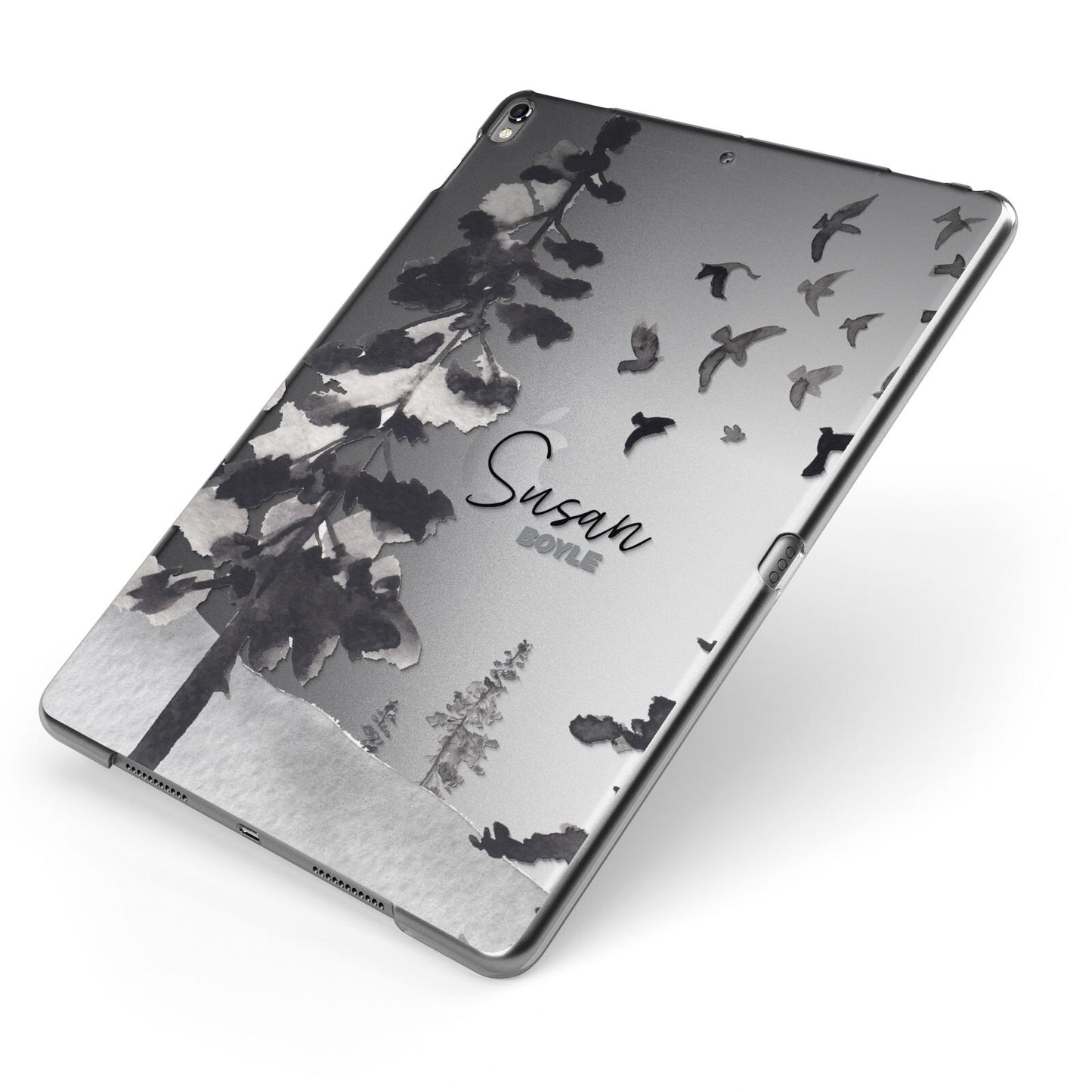 Personalised Monochrome Forest Apple iPad Case on Grey iPad Side View